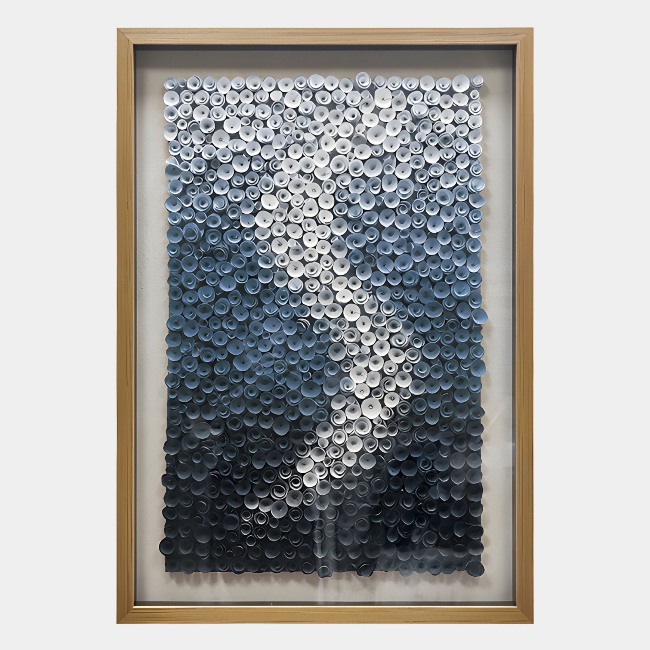 The Spiravale Blue Gradient Floral Curl 3D Wall Art by Giant Sculptures features a luxurious abstract swirl of curled paper circles, transitioning from dark blue at the base to light at the top for striking vertical wall decor.