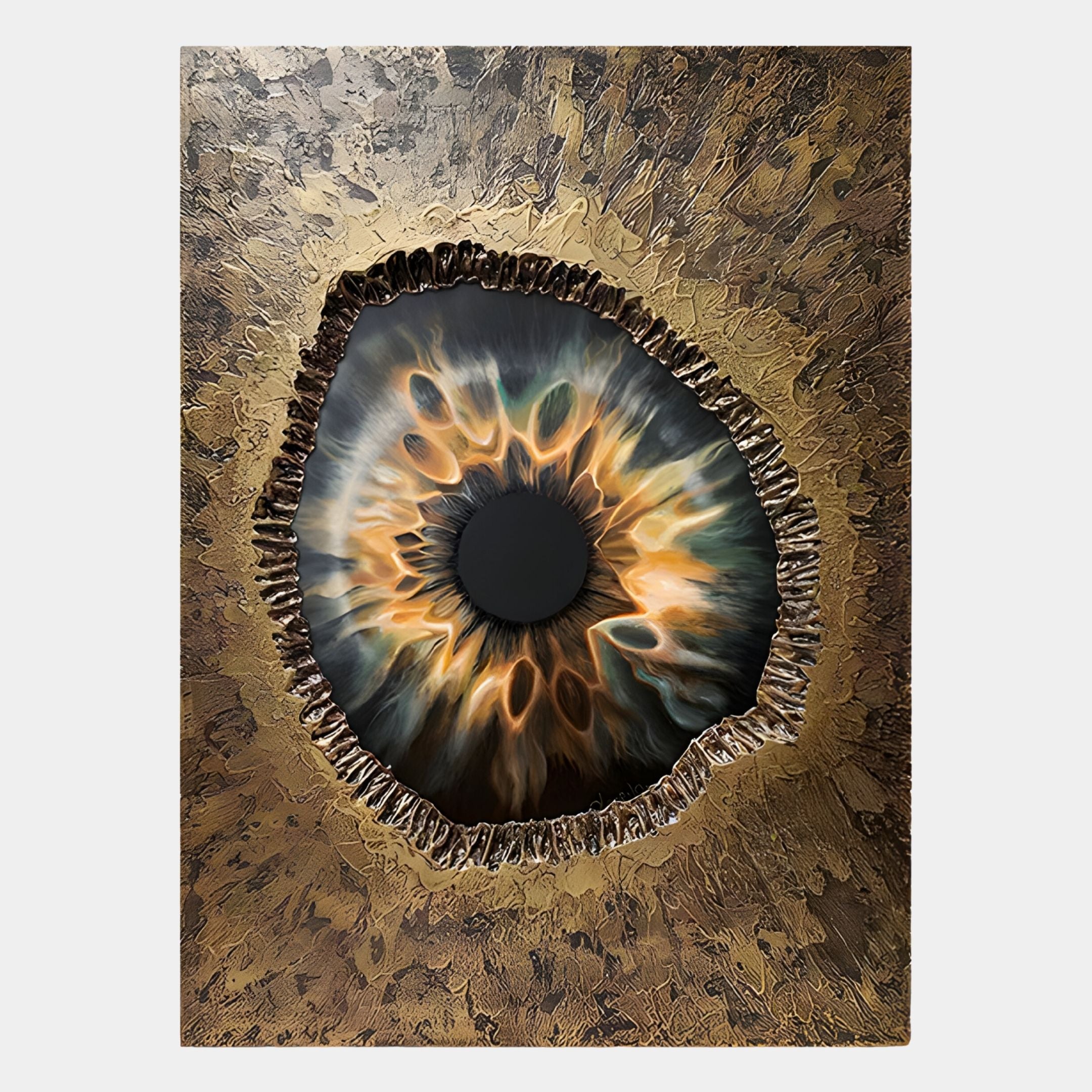 Vorthera Amber Flame Textured Gold 3D Wall Art by Giant Sculptures features a striking, sculptural abstract design with a dark center and swirling gold, brown, and black shades on a metallic background with textured, uneven edges.