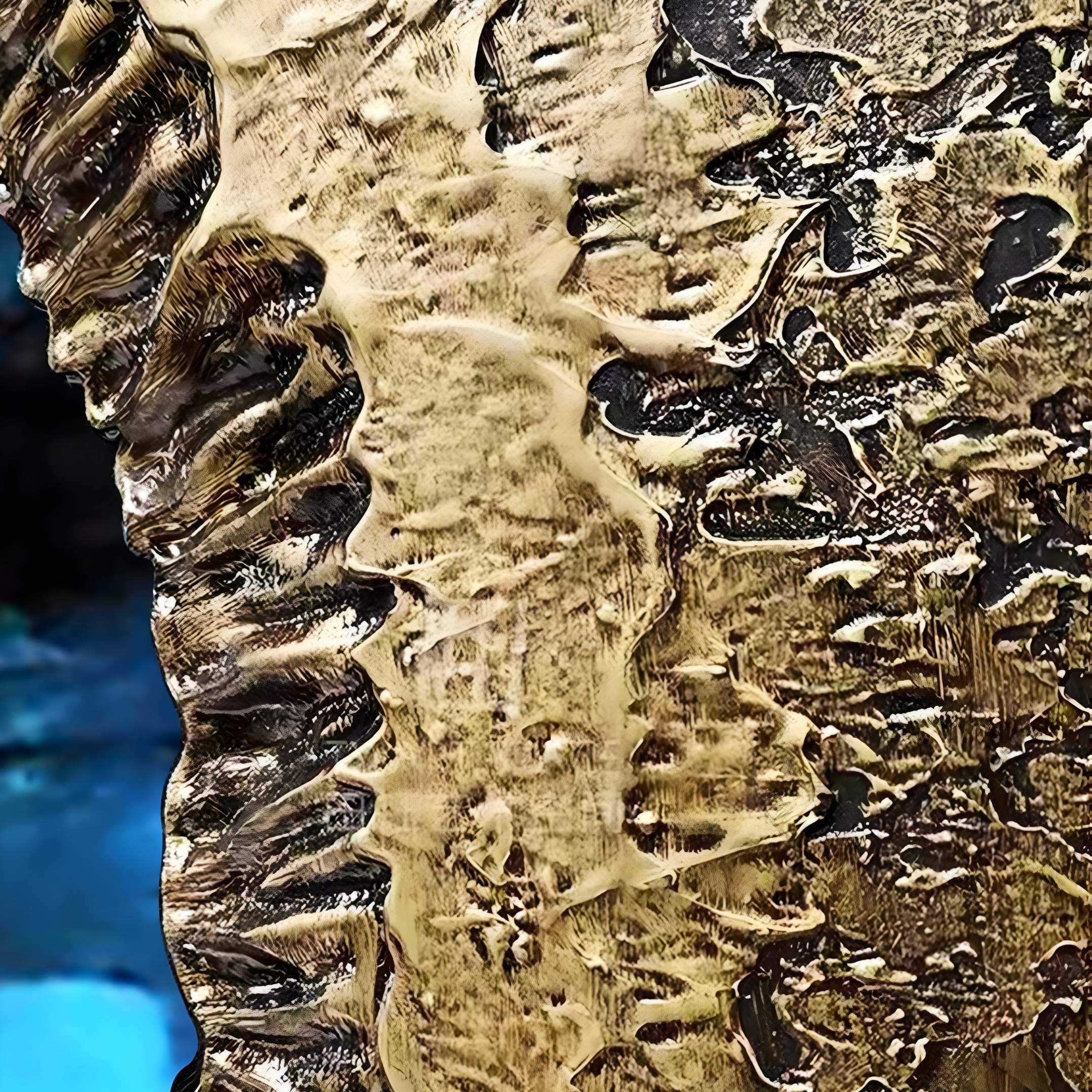 Close-up of Vorthera Sapphire Burst Textured Gold 3D Wall Art by Giant Sculptures, featuring organic textured gold patterns fading into a dark edge with hints of blue, evoking depth and artistic elegance.