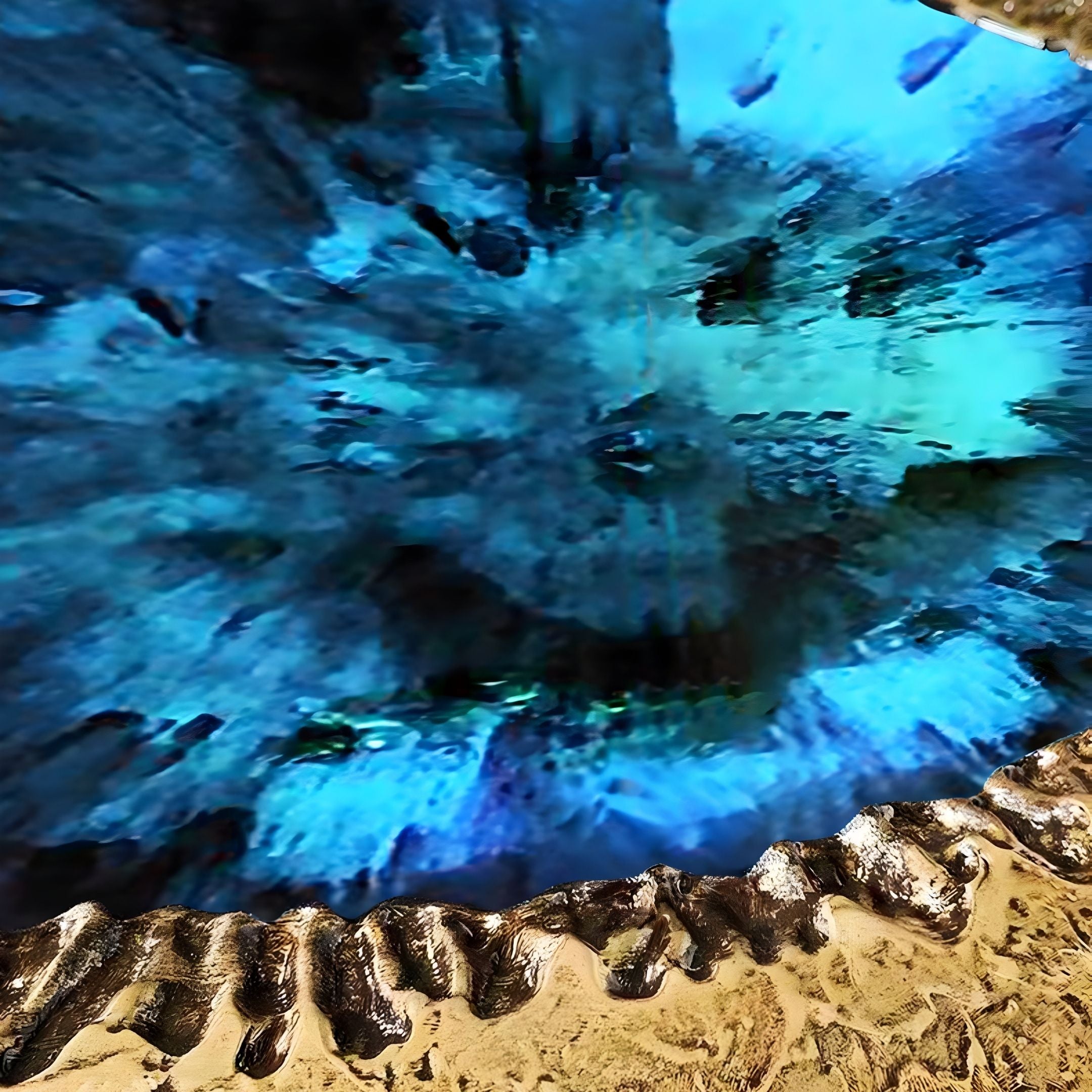 A crater-like sandy surface encircles a vibrant blue, abstract center with a radiant blur, evoking the otherworldly allure of Giant Sculptures' Vorthera Sapphire Burst Textured Gold 3D Wall Art.