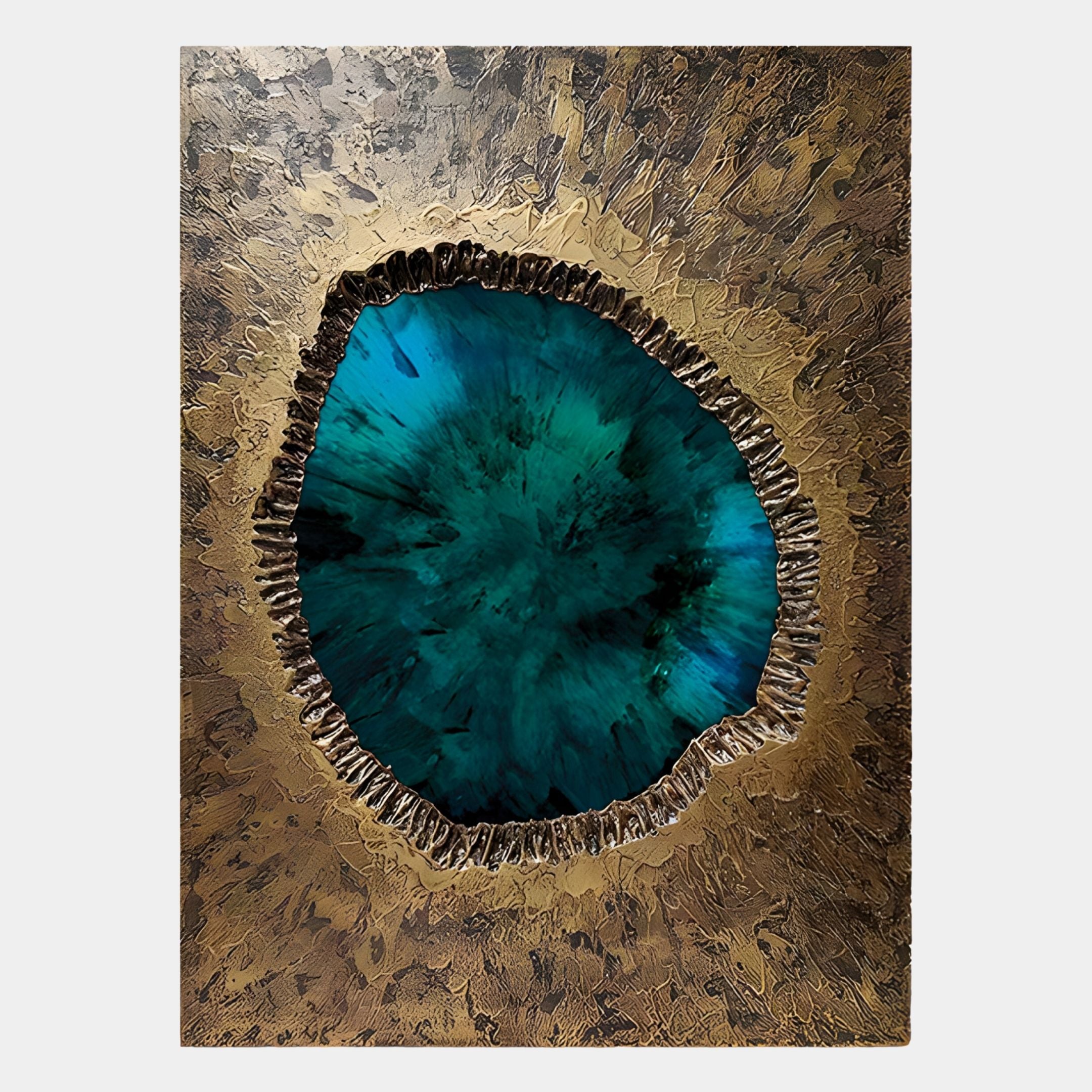 A jagged metallic surface with a circular opening reveals vibrant blue-green crystal textures, echoing a mineral cross-section in Giant Sculptures' Vorthera Emerald Burst Textured Gold 3D Wall Art.
