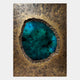 A jagged metallic surface with a circular opening reveals vibrant blue-green crystal textures, echoing a mineral cross-section in Giant Sculptures' Vorthera Emerald Burst Textured Gold 3D Wall Art.