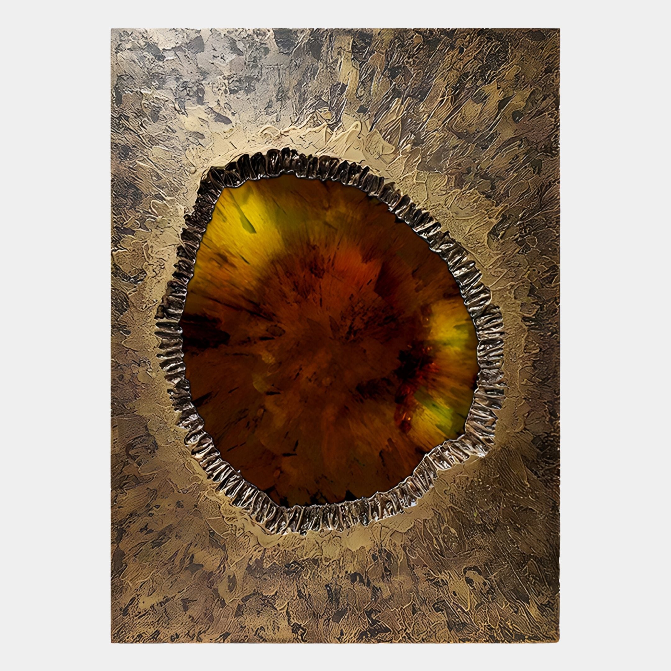 The Vorthera Ember Glow Textured Gold 3D Wall Art by Giant Sculptures features a bold, geode-inspired design with an irregular amber, brown, and yellow center framed by silver and bronze—perfect for stylishly enhancing any space.