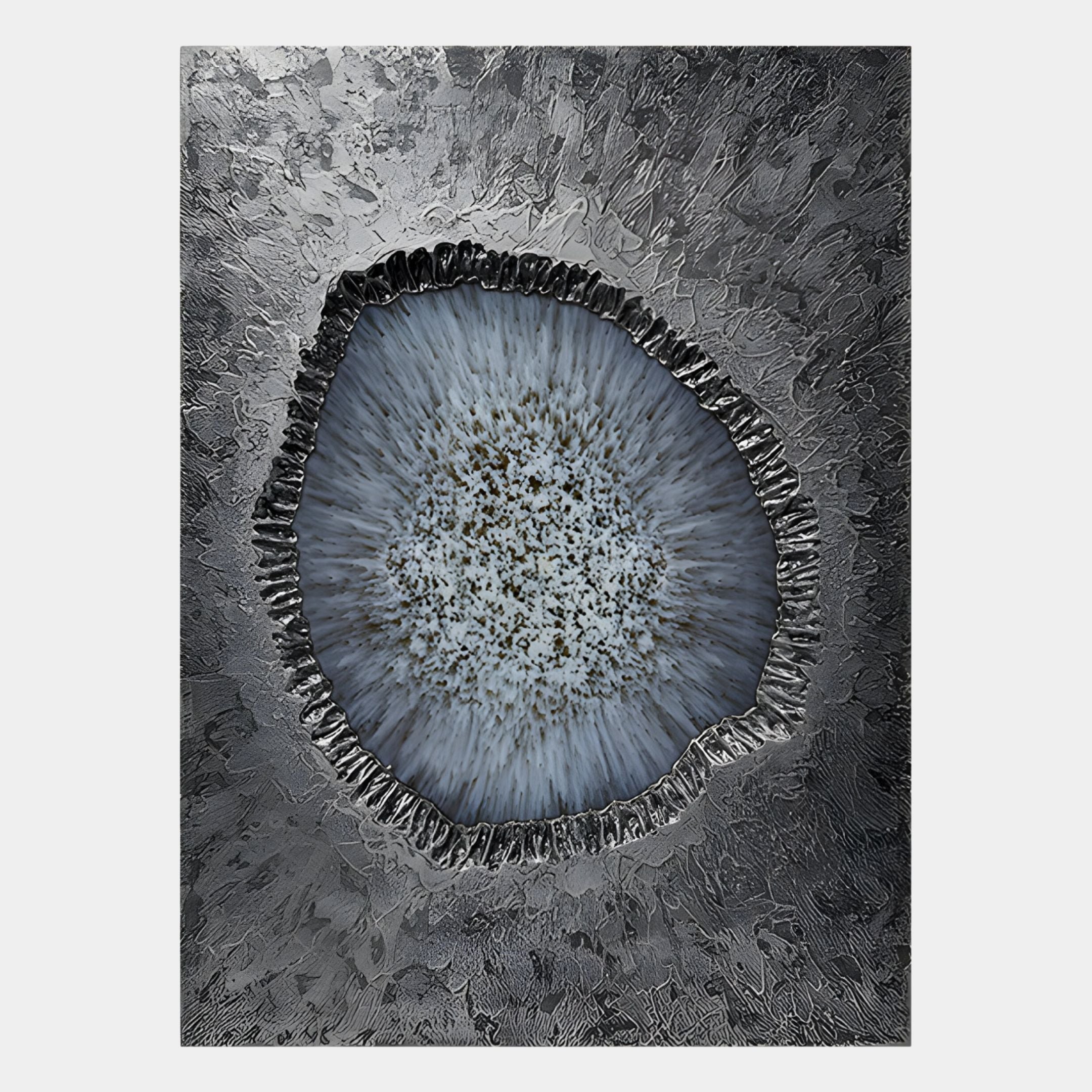 The Vorthera Frost Halo Textured Silver 3D Wall Art by Giant Sculptures features a central crater-like formation with radiating white and gray lines, creating striking contemporary décor for your space.