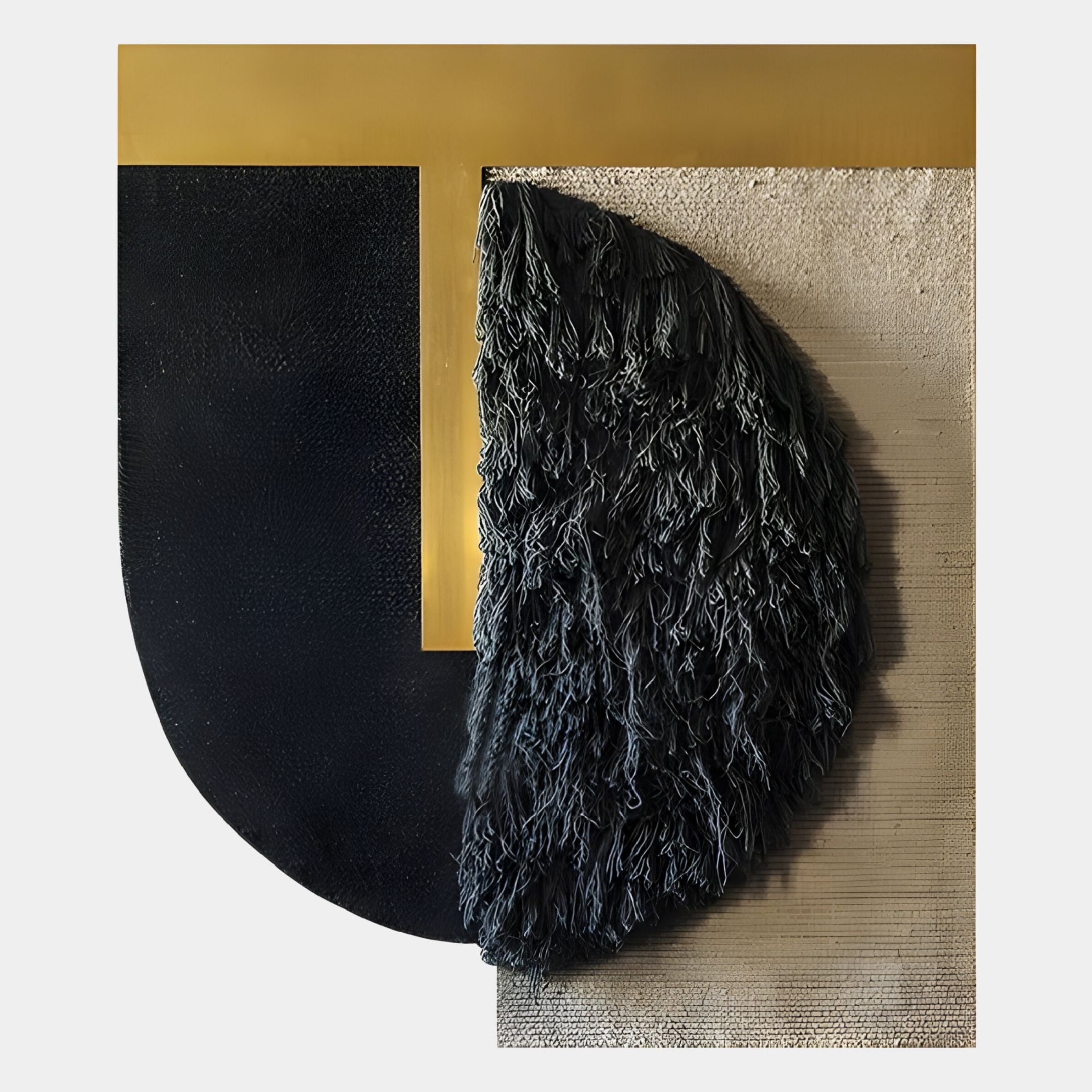 The Halvoria Black & Charcoal Fibre Shield 3D Wall Art by Giant Sculptures features a black semicircle with shaggy fibre texture, a gold geometric line, and a cream background—an ideal sculptural centrepiece for modern spaces.