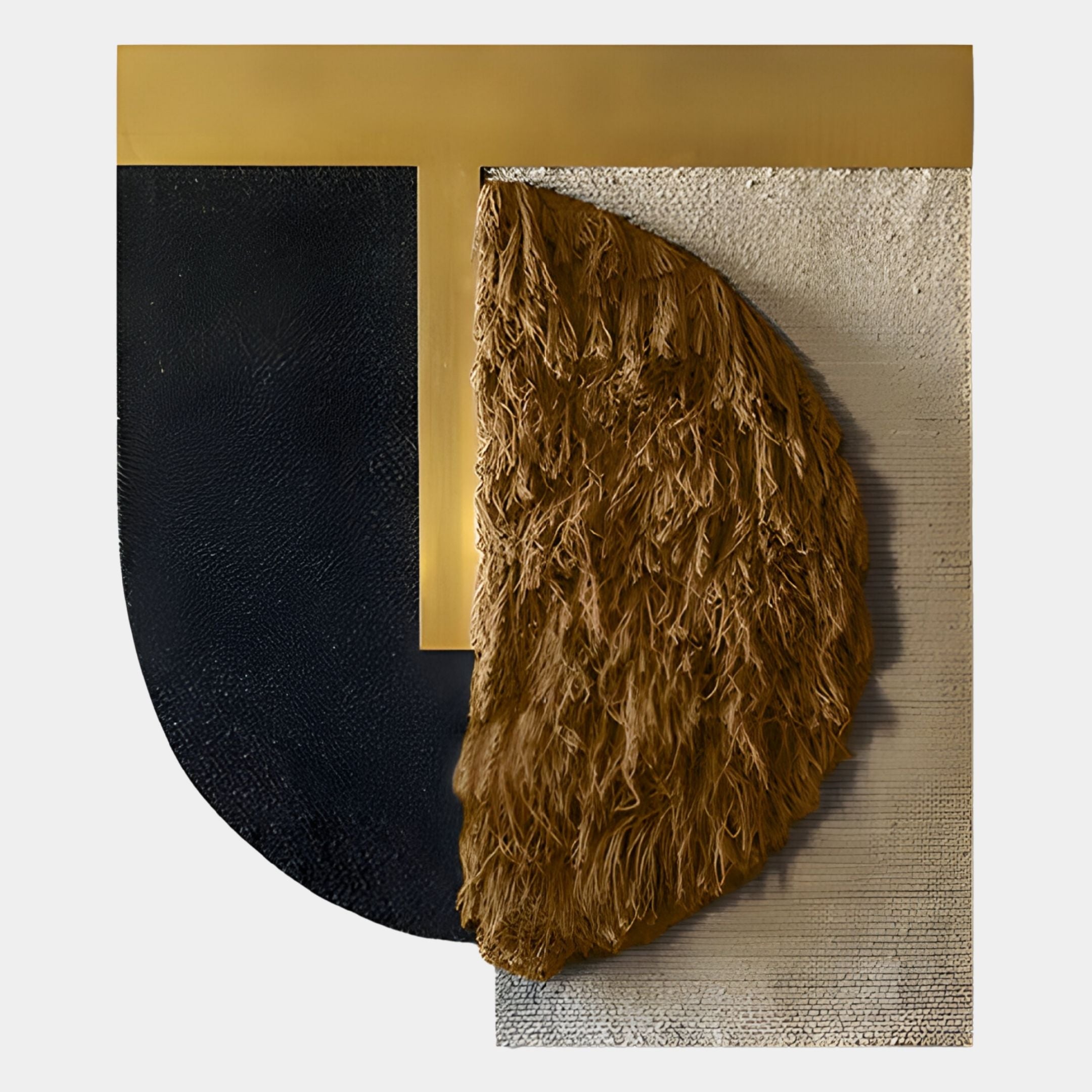 Halvoria Black & Umber Fibre Shield 3D Wall Art by Giant Sculptures features geometric forms—a black semicircle, gold metallic accent, and textured brown half-circle with feathery fringe—ideal for contemporary spaces.