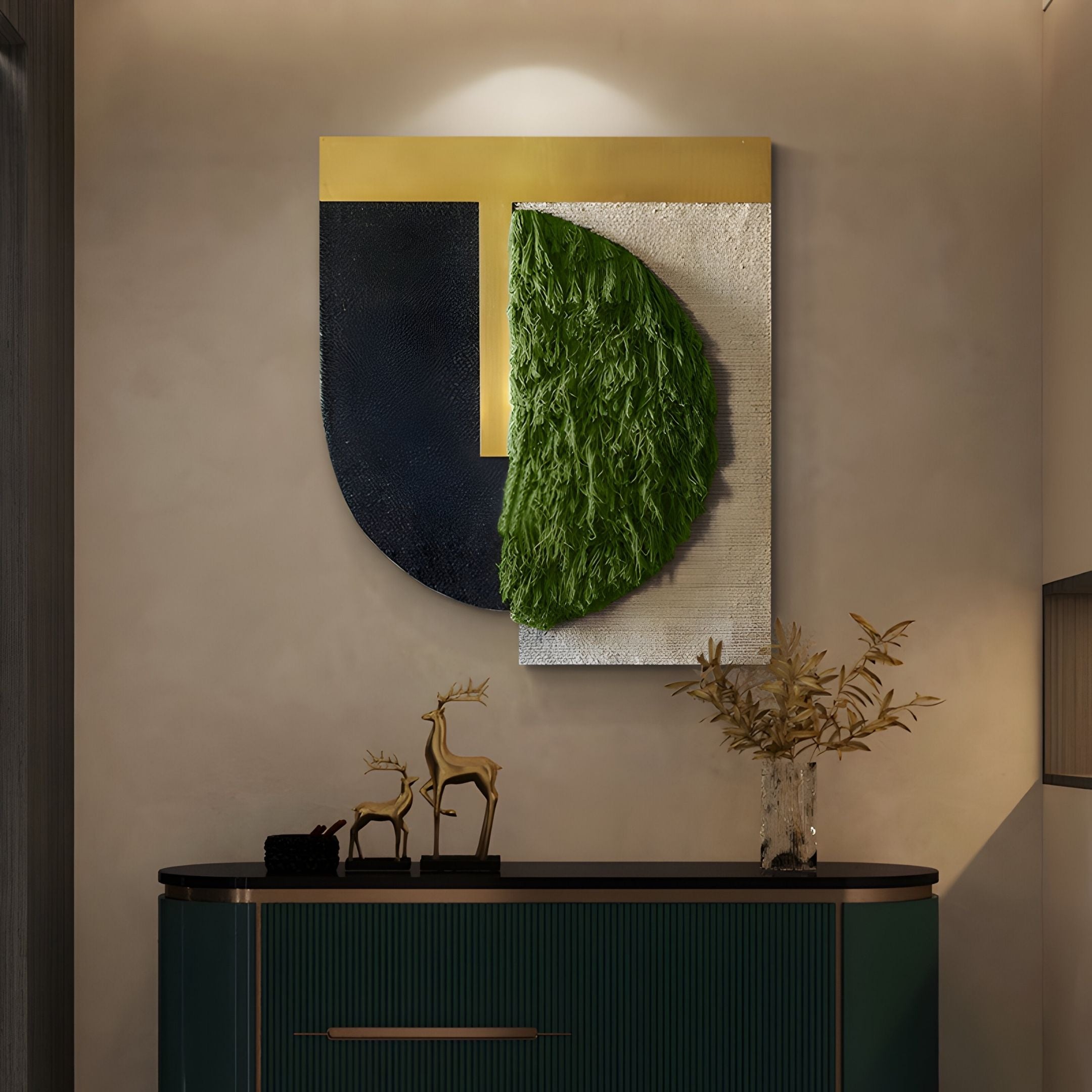 The Halvoria Black & Forest Green Fibre Shield 3D Wall Art by Giant Sculptures, with textured geometric shapes and a gold border, hangs above a cabinet adorned with gold deer figurines and a glass vase of dried leaves.