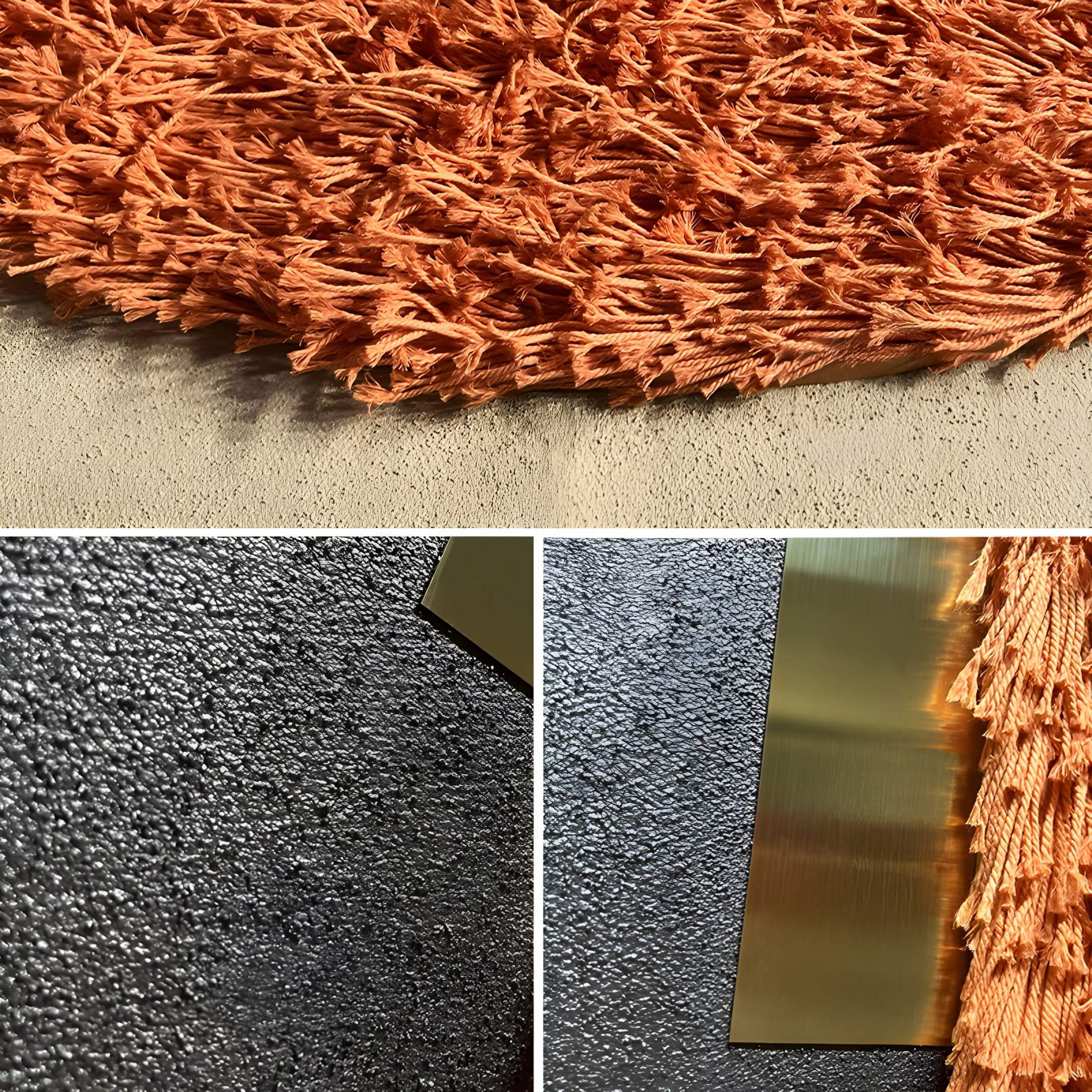 Halvoria Grey & Terracotta Fibre Panel 3D Wall Art by Giant Sculptures features textured orange fringe on beige with a black background and brass strip, bringing bold dimension to contemporary interiors.