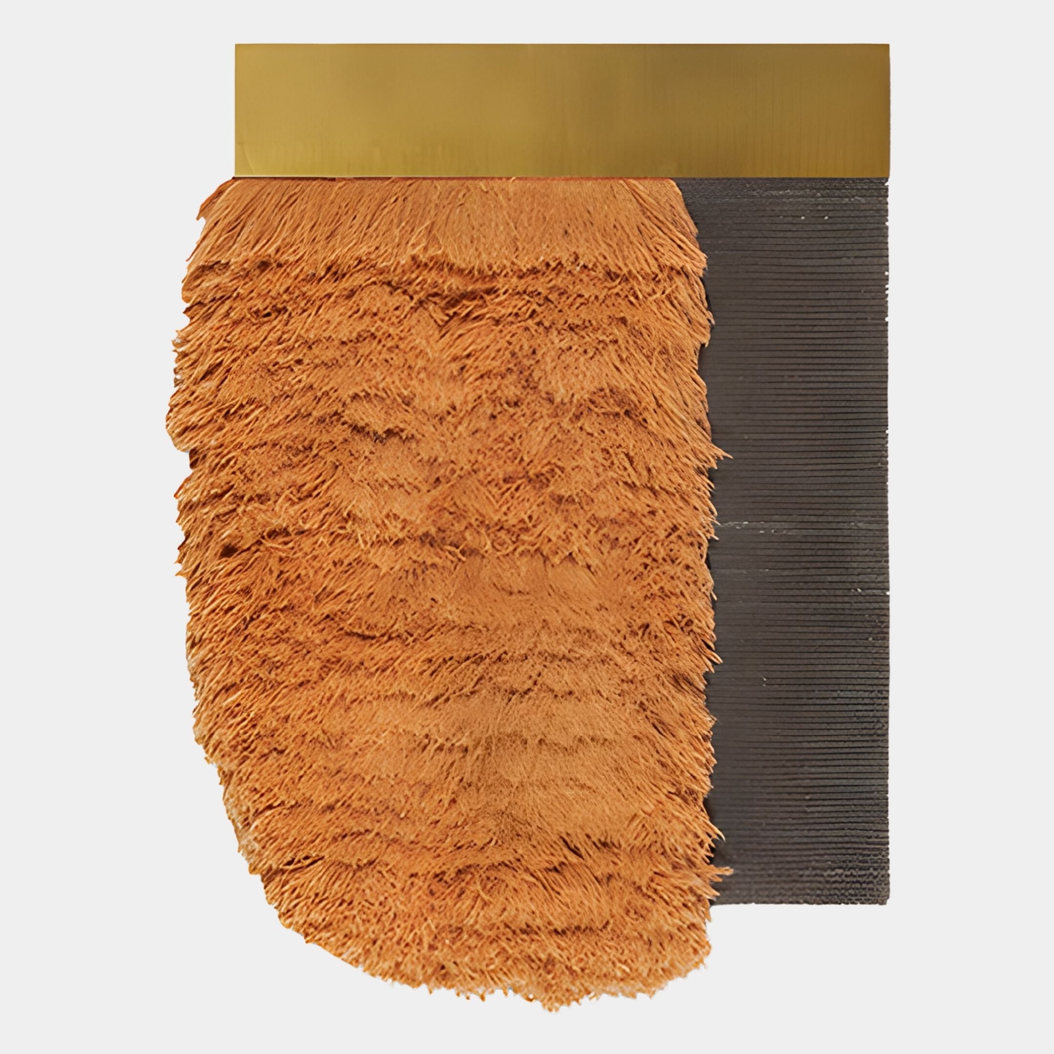 The Halvoria Grey & Terracotta Fibre Panel 3D Wall Art by Giant Sculptures features textured orange and ribbed dark brown sections with a smooth brass plate on top—an eye-catching choice for contemporary spaces.