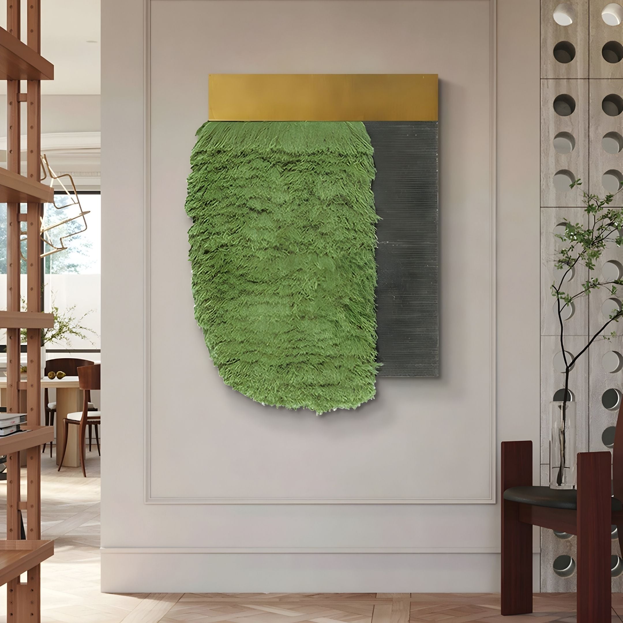 The Halvoria Grey & Sage Fibre Panel 3D Wall Art by Giant Sculptures features a gold rectangular top, textured grey fibre panel, and layered fringed green material—perfect for stylish, contemporary interiors.