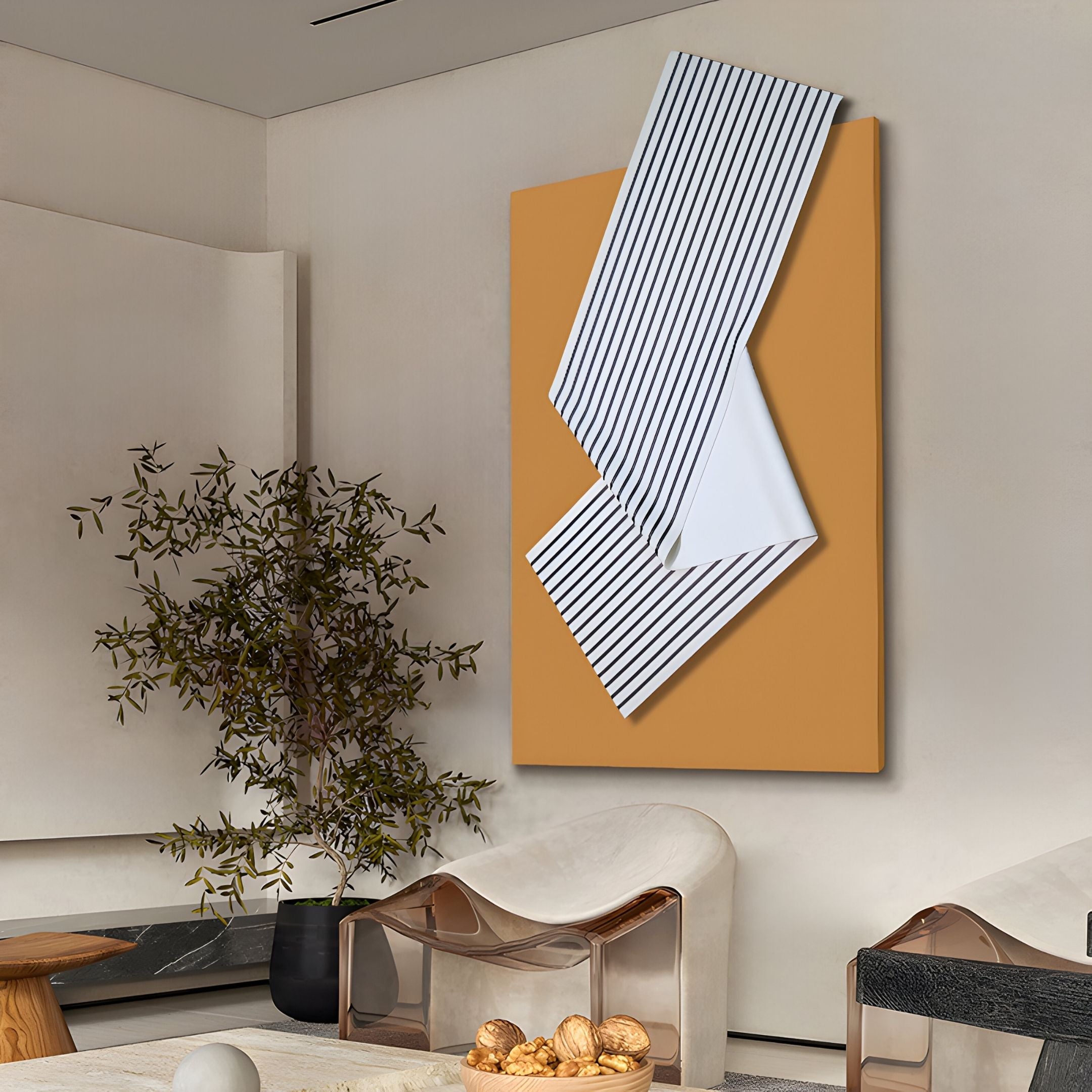 A modern living room with neutral tones features the Arcluma Amber Stripe Fold Leather 3D Wall Art by Giant Sculptures, a transparent chair, a wooden coffee table with decor, and a potted plant—perfect for contemporary interiors.