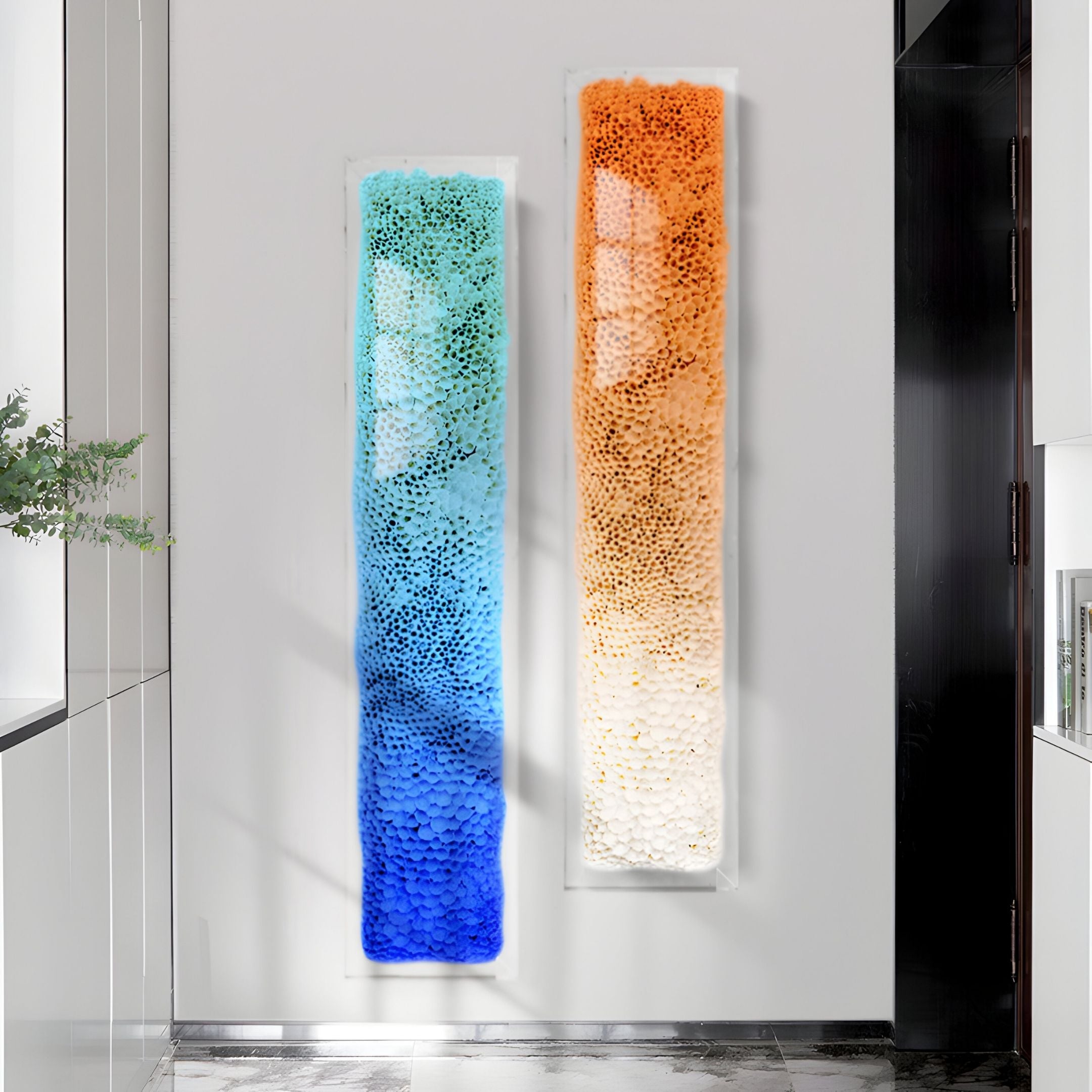 The Aeraline Aqua Blue Vertical Gradient Leather 3D Wall Art by Giant Sculptures features a deep blue to white textured gradient, offering striking contemporary decor for any space.