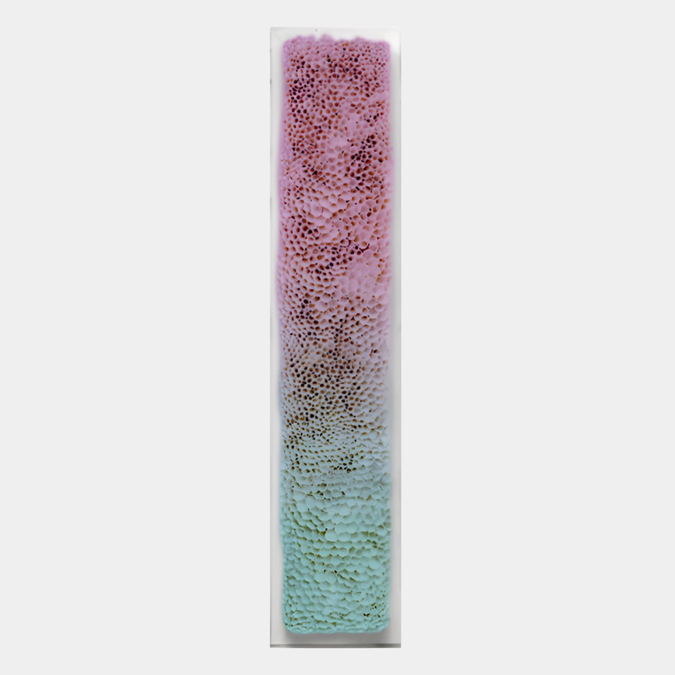 The Aeraline Rose Mist Vertical Gradient Leather 3D Wall Art by Giant Sculptures features a tall, rectangular design with a bumpy texture and a pink-to-green gradient, creating a striking look on any light gray background.