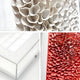 Split-image featuring Giant Sculptures' Aeraline Coral Bloom Vertical Gradient Leather 3D Wall Art in white and red, crafted from clustered forms, with a glass display cube reflecting sunlight alongside.