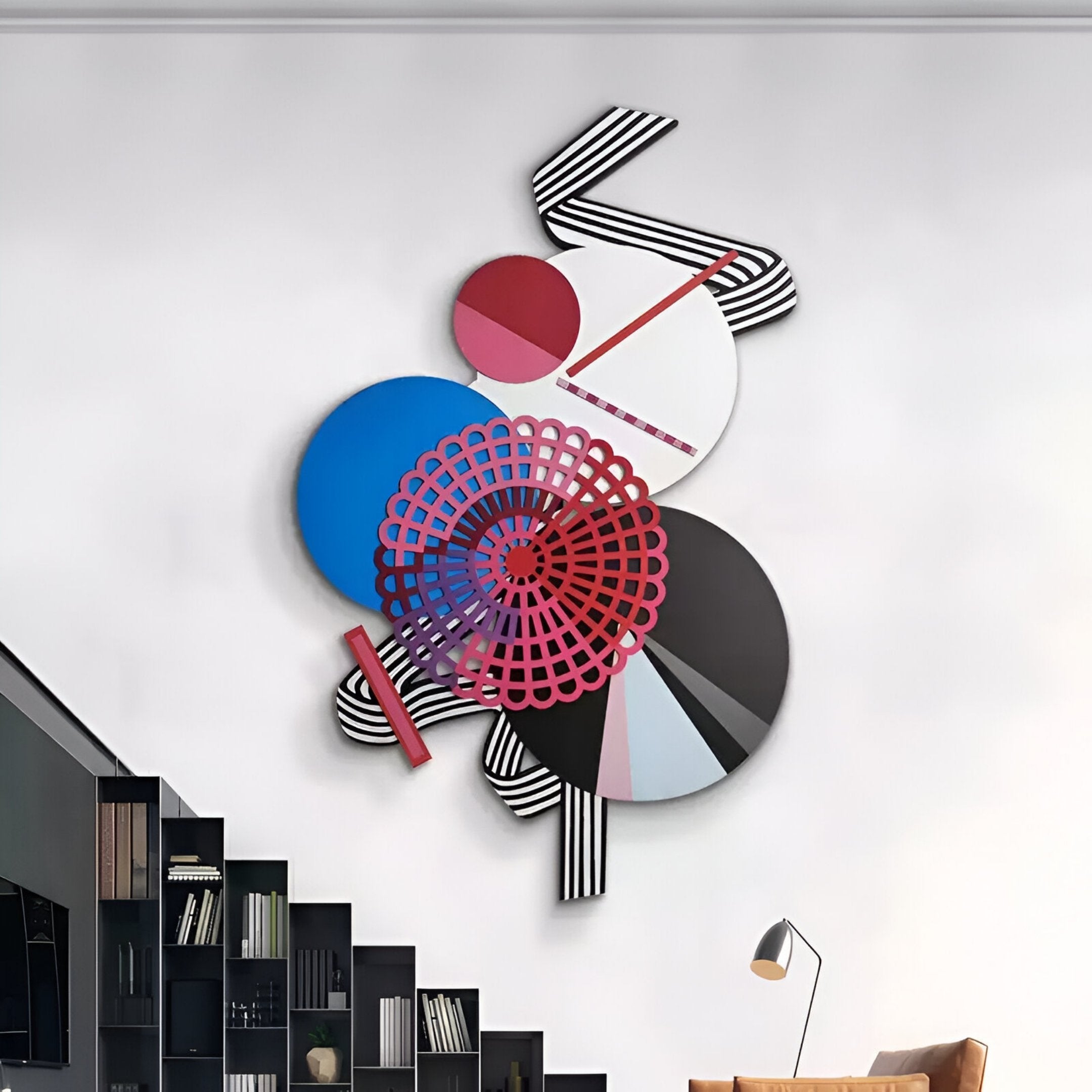 Cinetta Red & Blue Geometric Wood Carved 3D Wall Art