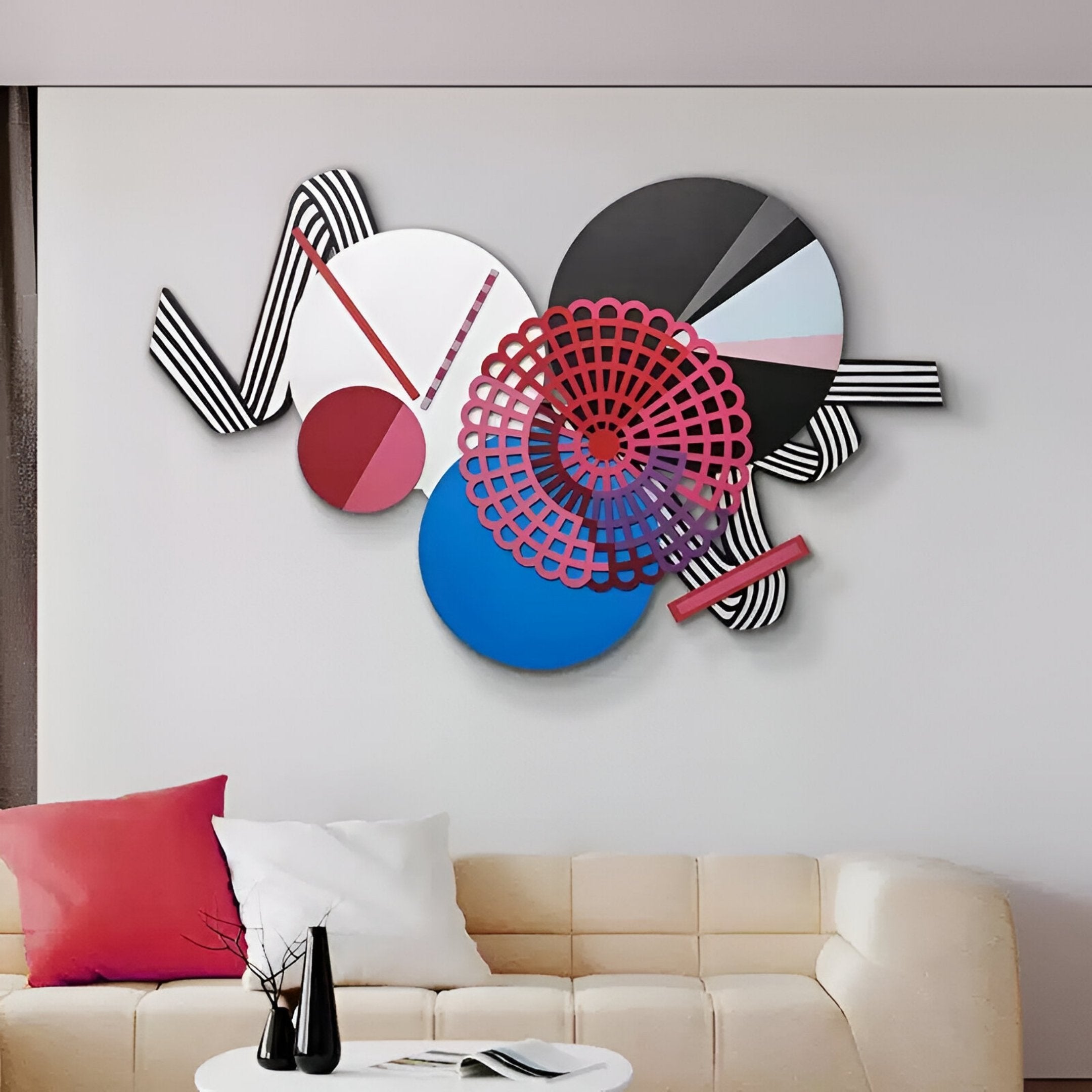 Cinetta Red & Blue Geometric Wood Carved 3D Wall Art