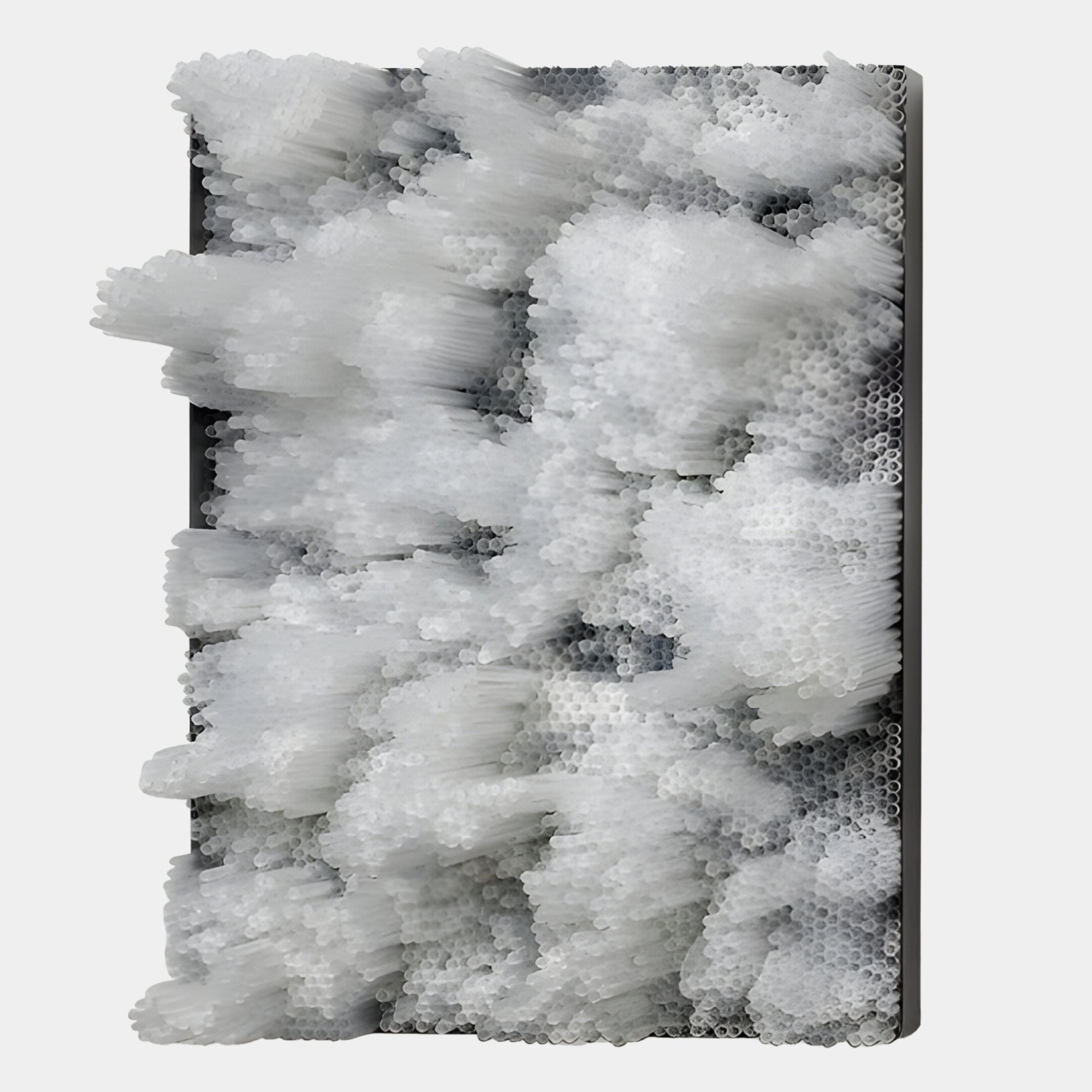 The Chromavolt Frosted White Cluster Straw 3D Wall Art by Giant Sculptures features a rectangular frame with clusters of translucent, white tubes for a bold, crystalline texture—ideal contemporary décor for striking sculptural walls.