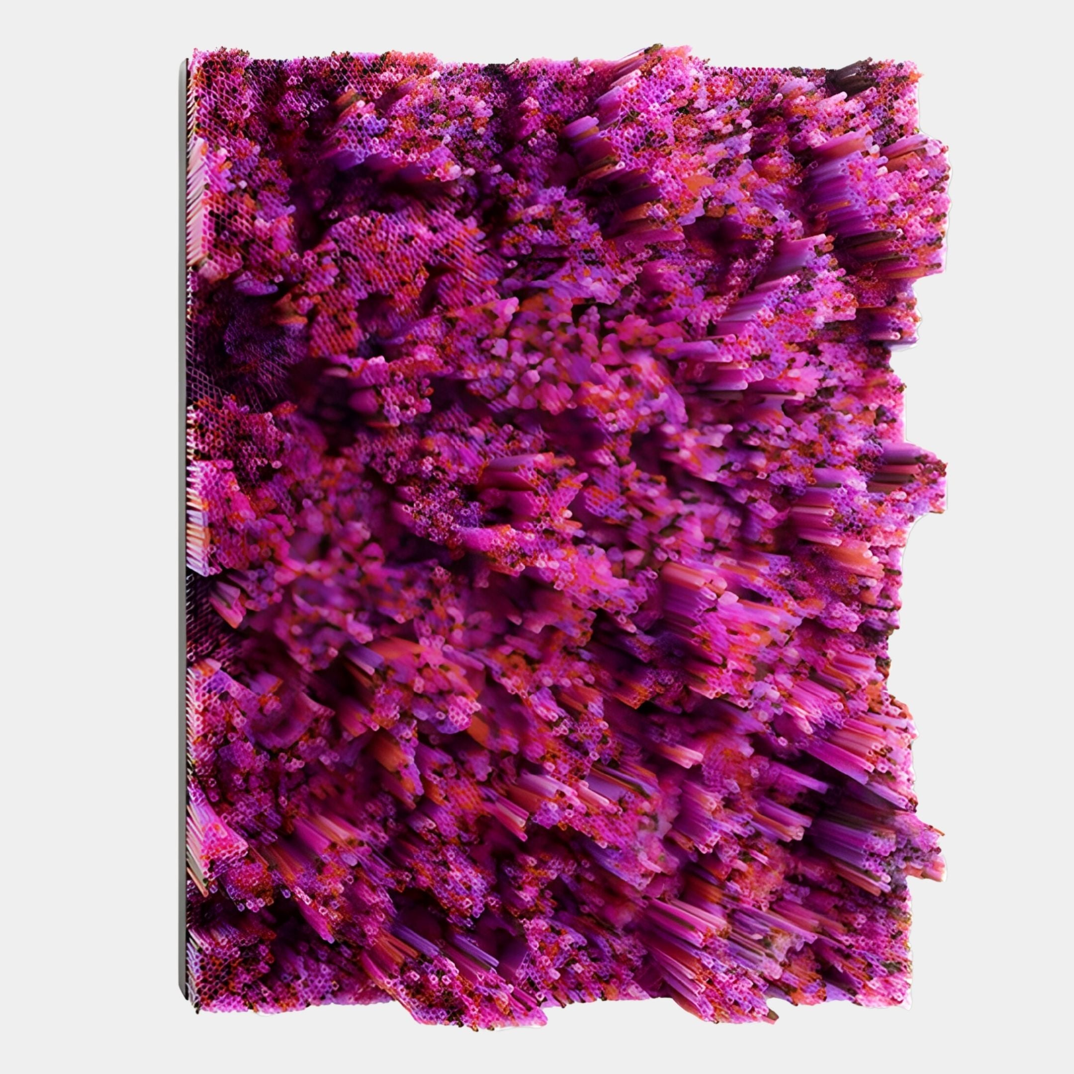 Chromavolt Magenta Storm Straw 3D Wall Art by Giant Sculptures features a dynamic burst of magenta and purple crystal-like forms, adding vibrant depth and texture as a striking statement piece against any white wall.