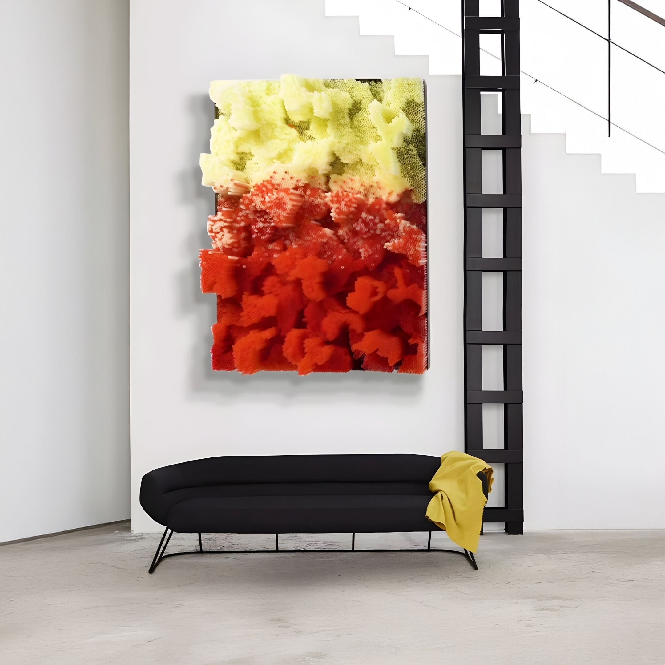A modern minimalist room showcases a black bench with a yellow blanket, a black ladder bookshelf, and Giant Sculptures' Chromavolt Citrus & Ember Straw 3D Wall Art—ideal for lovers of high-end interiors.