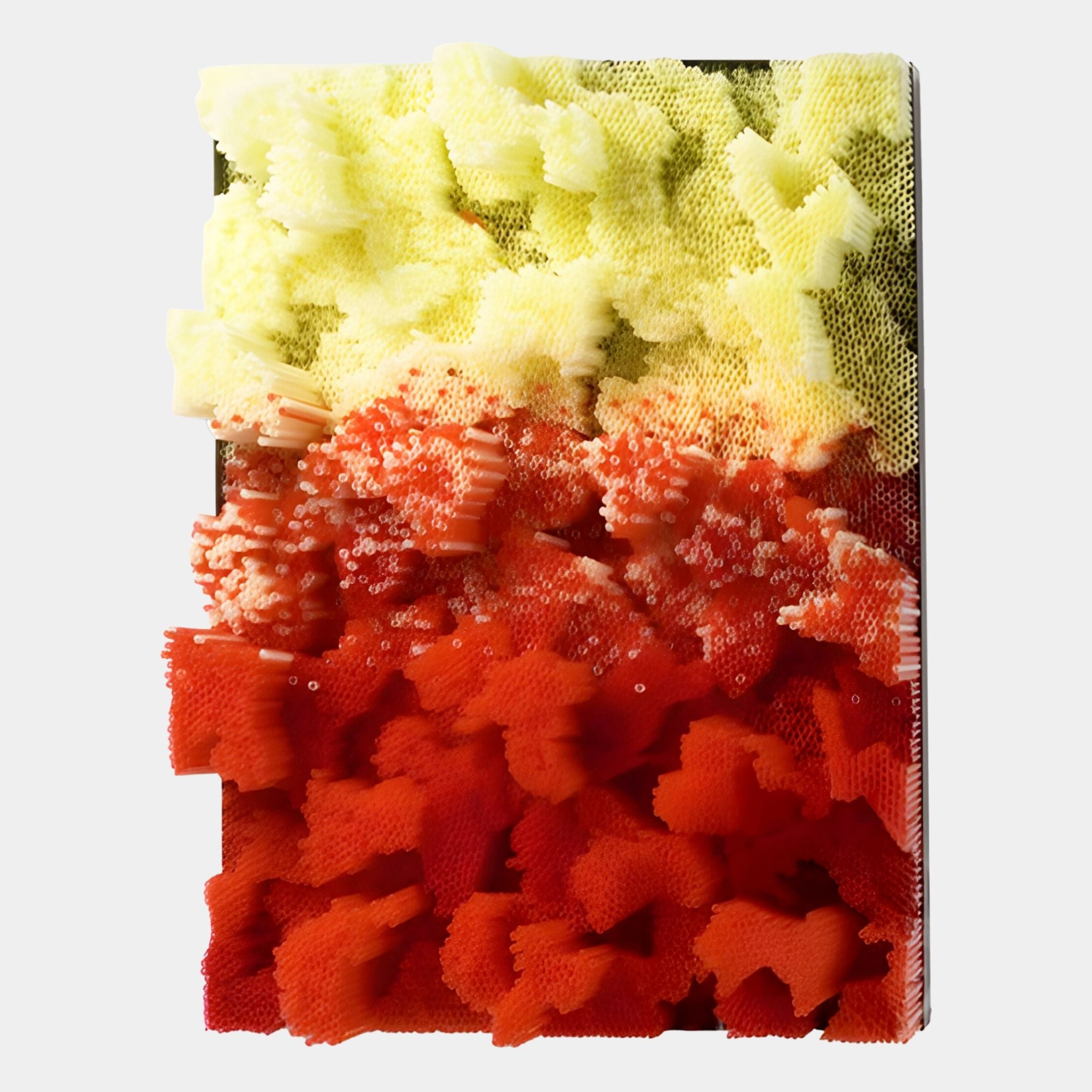 The Chromavolt Citrus & Ember Straw 3D Wall Art by Giant Sculptures features layered, spiky clusters in yellow, orange, and red on white, creating a textured gradient—a striking choice for high-end interiors.