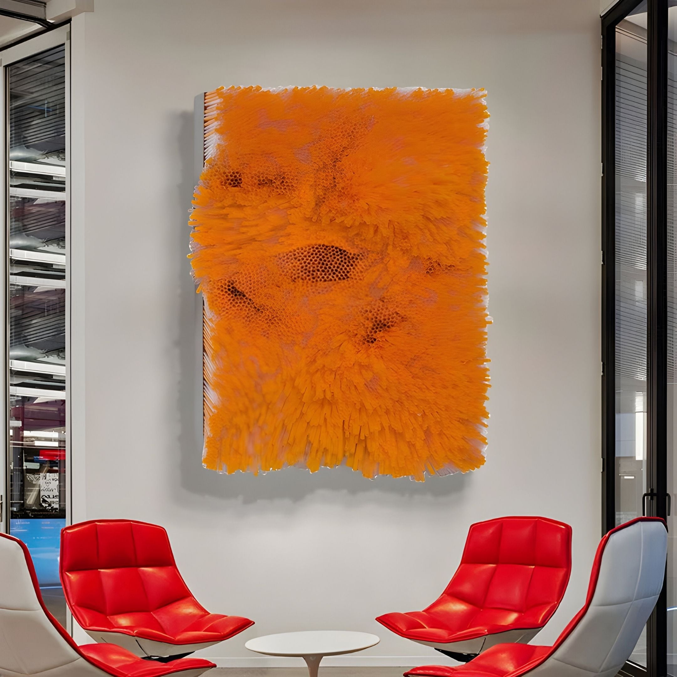 A modern office with two red lounge chairs, a small round white table, and glass walls features the Chromavolt Orange Flare Straw 3D Wall Art by Giant Sculptures, adding a bold accent to the contemporary décor.