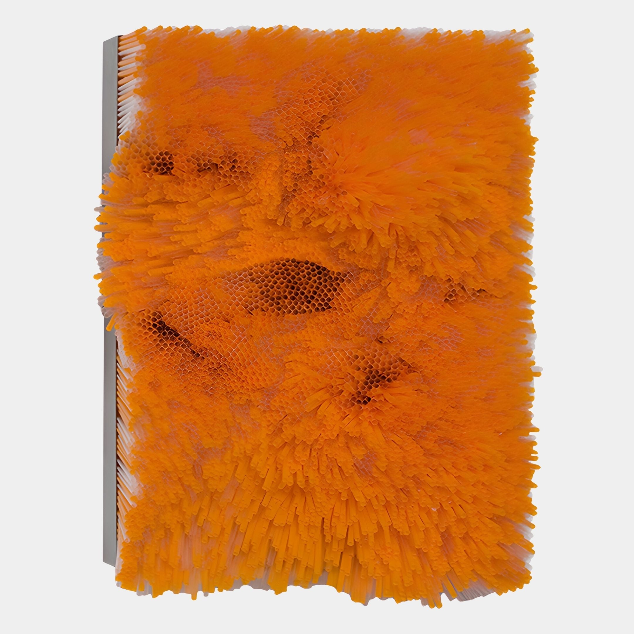 Chromavolt Orange Flare Straw 3D Wall Art by Giant Sculptures features vivid orange bristles and mesh on a white-gray background, creating bold texture and dimension for modern spaces.