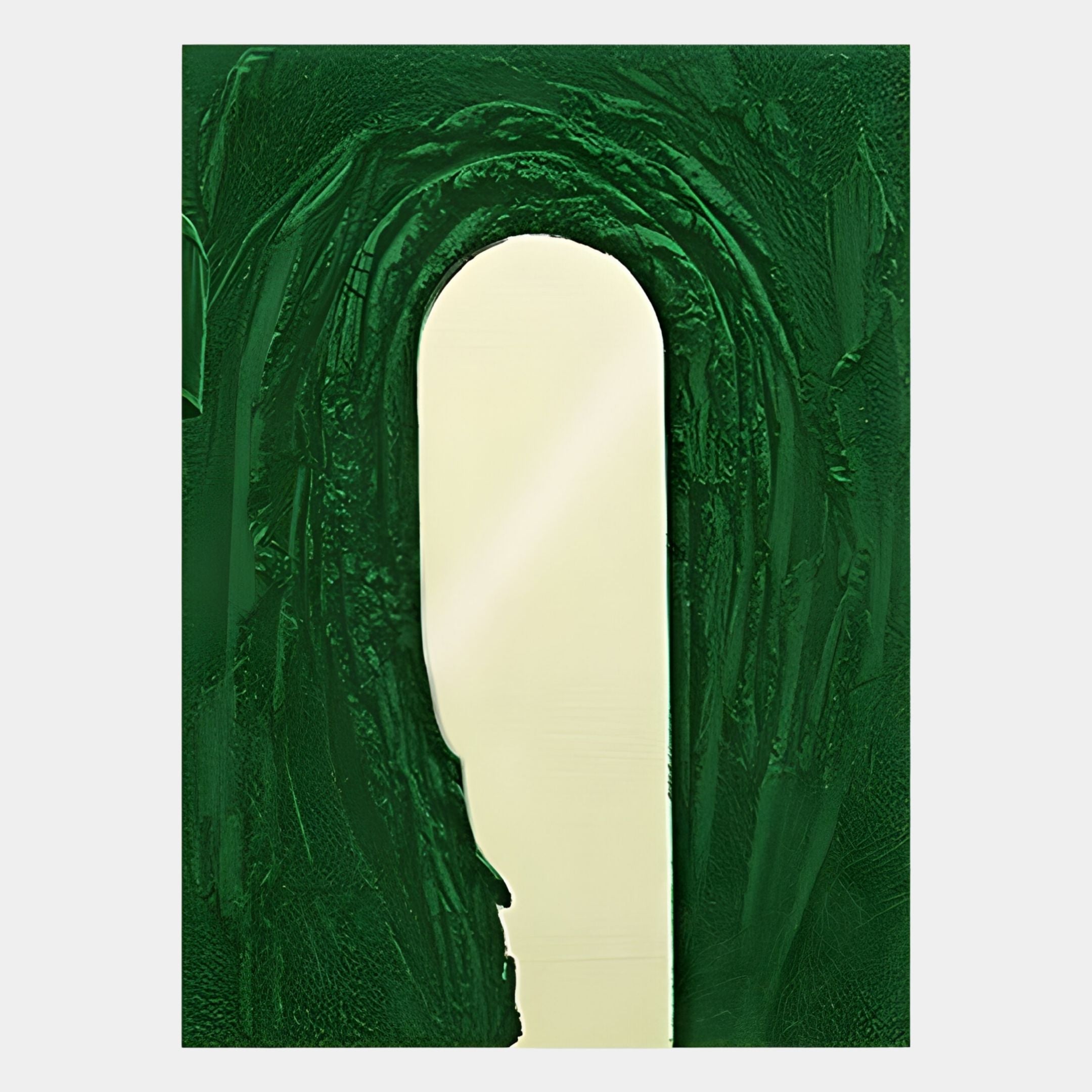 The Arclunor Forest Green Arch Relief Mirror 3D Wall Art by Giant Sculptures features a light, arched vertical form centered on a textured dark green background, offering sculptural depth and shaded paint strokes for striking wall decor.