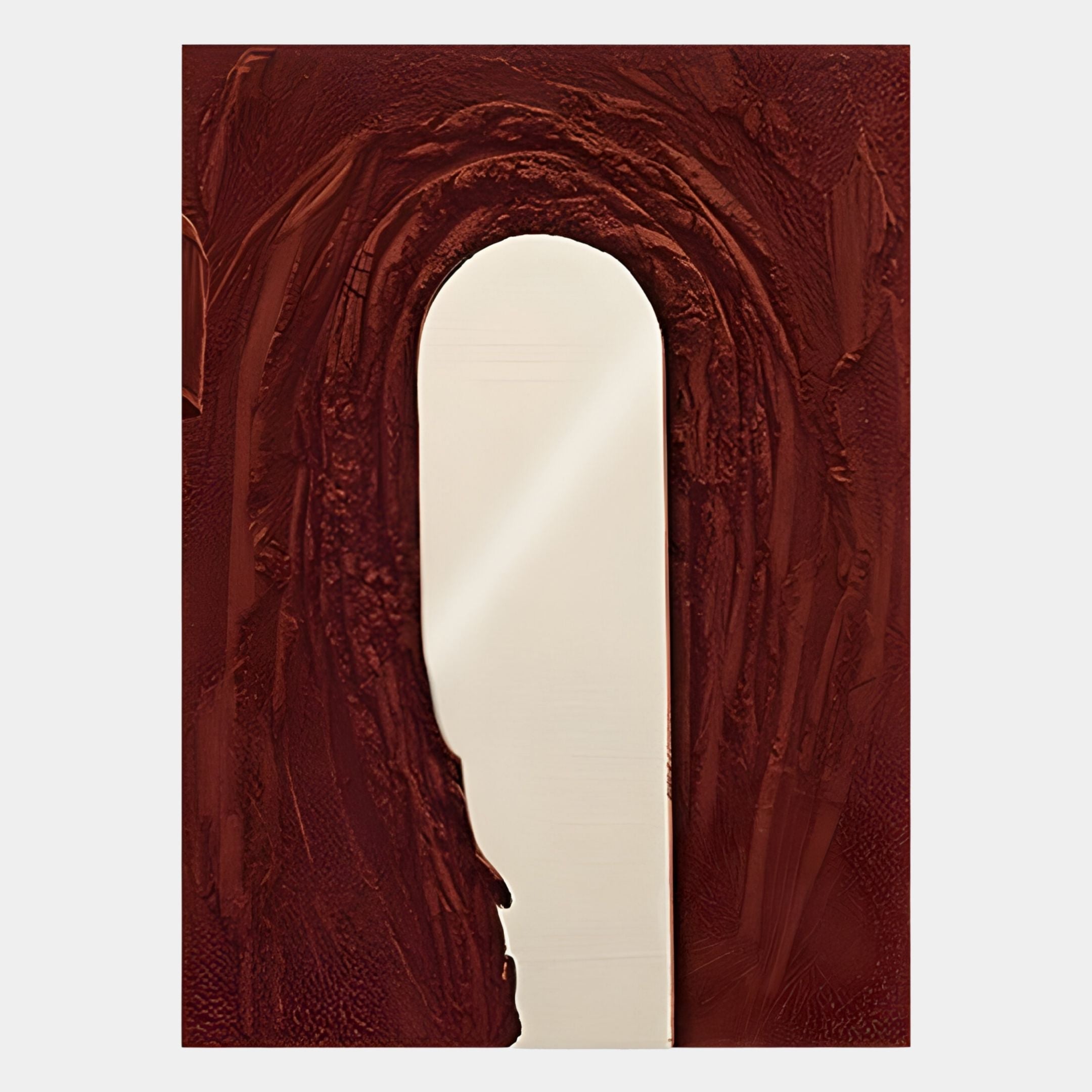 The Arclunor Merlot Red Arch Relief Mirror 3D Wall Art by Giant Sculptures features a vertical oval mirror set in a textured, dark red-brown surface, creating a tunnel-like illusion—ideal for luxury interior decor.