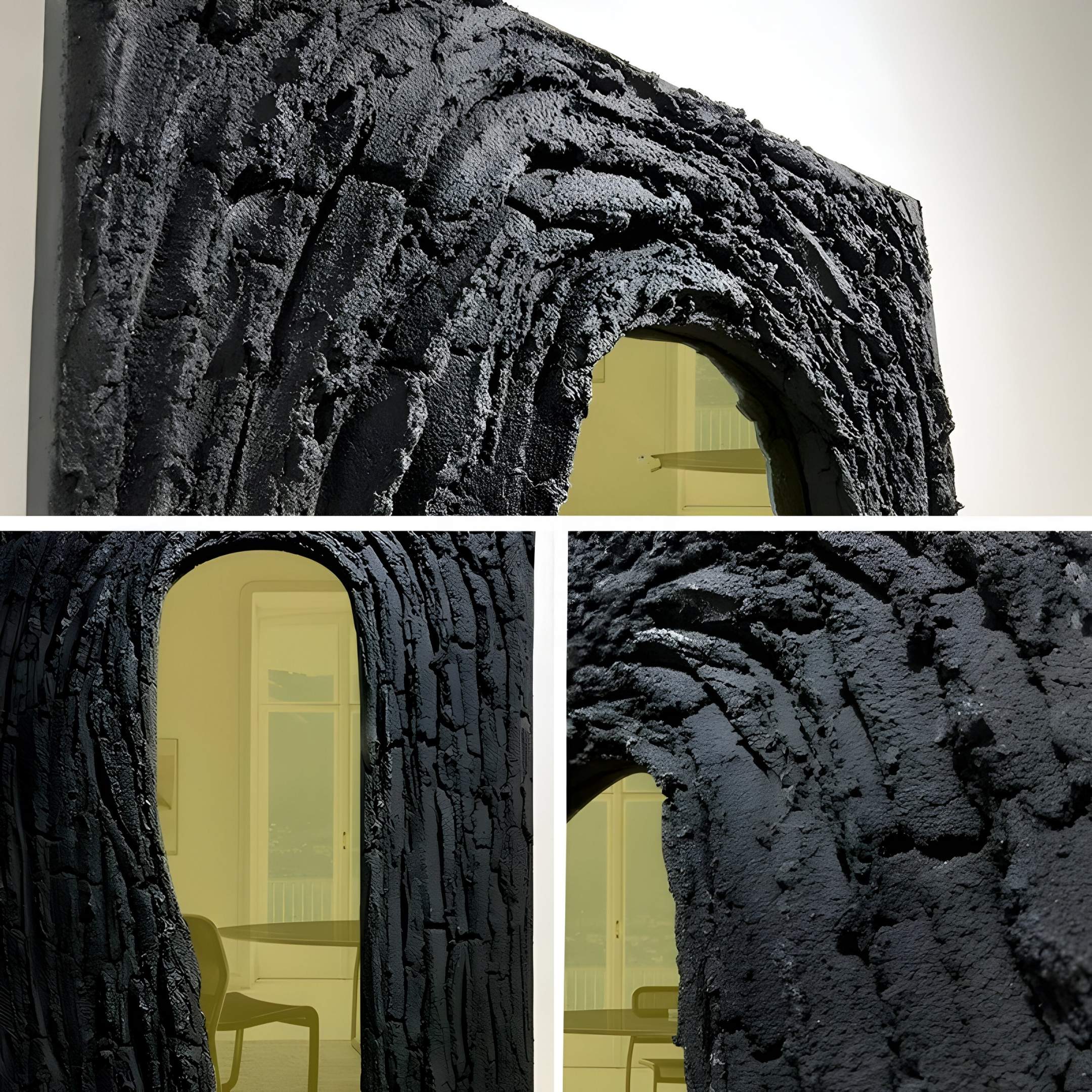 The Arclunor Midnight Grey Arch Relief Mirror 3D Wall Art by Giant Sculptures features a textured, bark-like black frame and a yellow-tinted mirror, offering sculptural wall decor that reflects a room’s elements for striking visual impact.