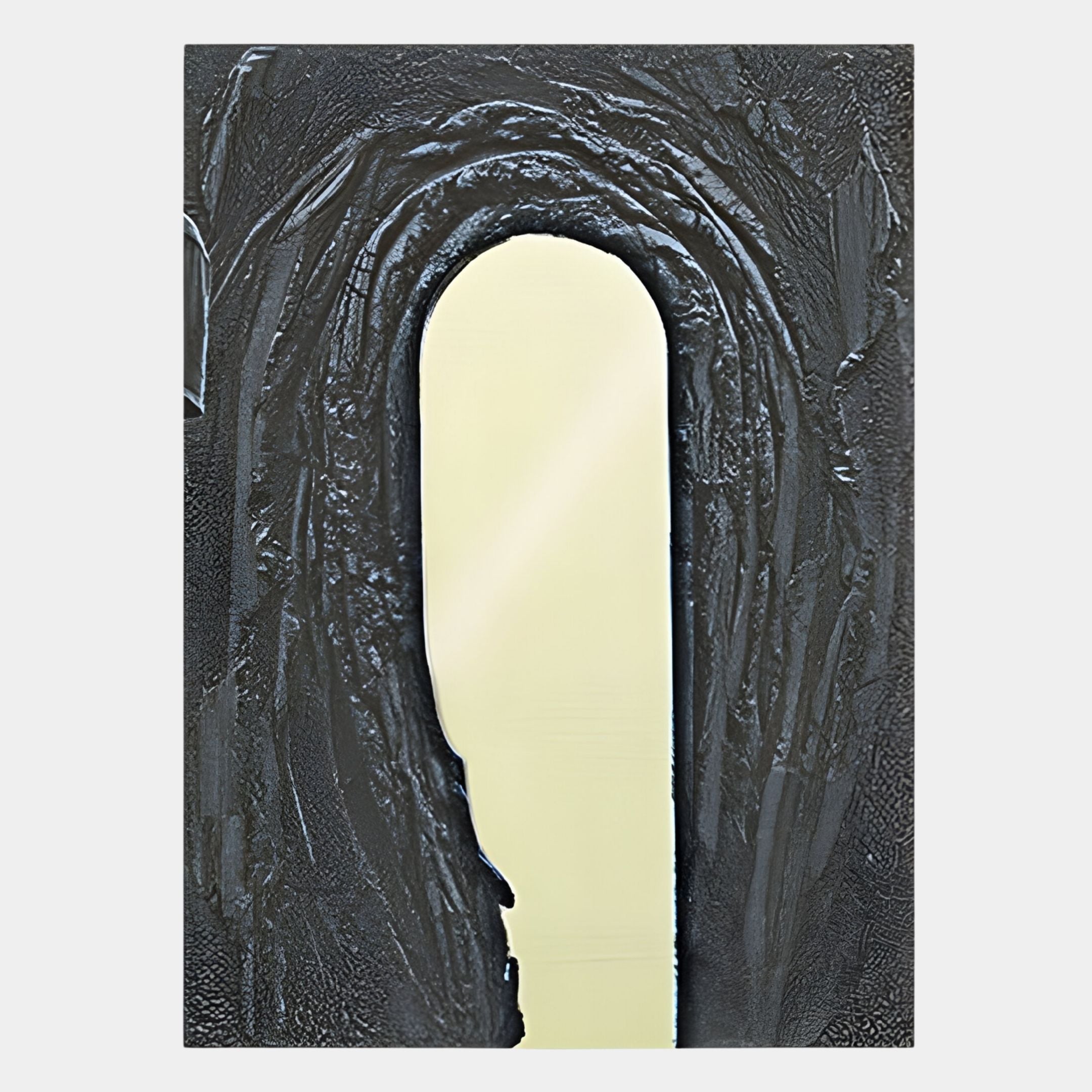 The Arclunor Midnight Grey Arch Relief Mirror 3D Wall Art by Giant Sculptures features a rectangular mirror with rounded top edges set in a textured black frame, doubling as sculptural wall decor for a striking visual impact.
