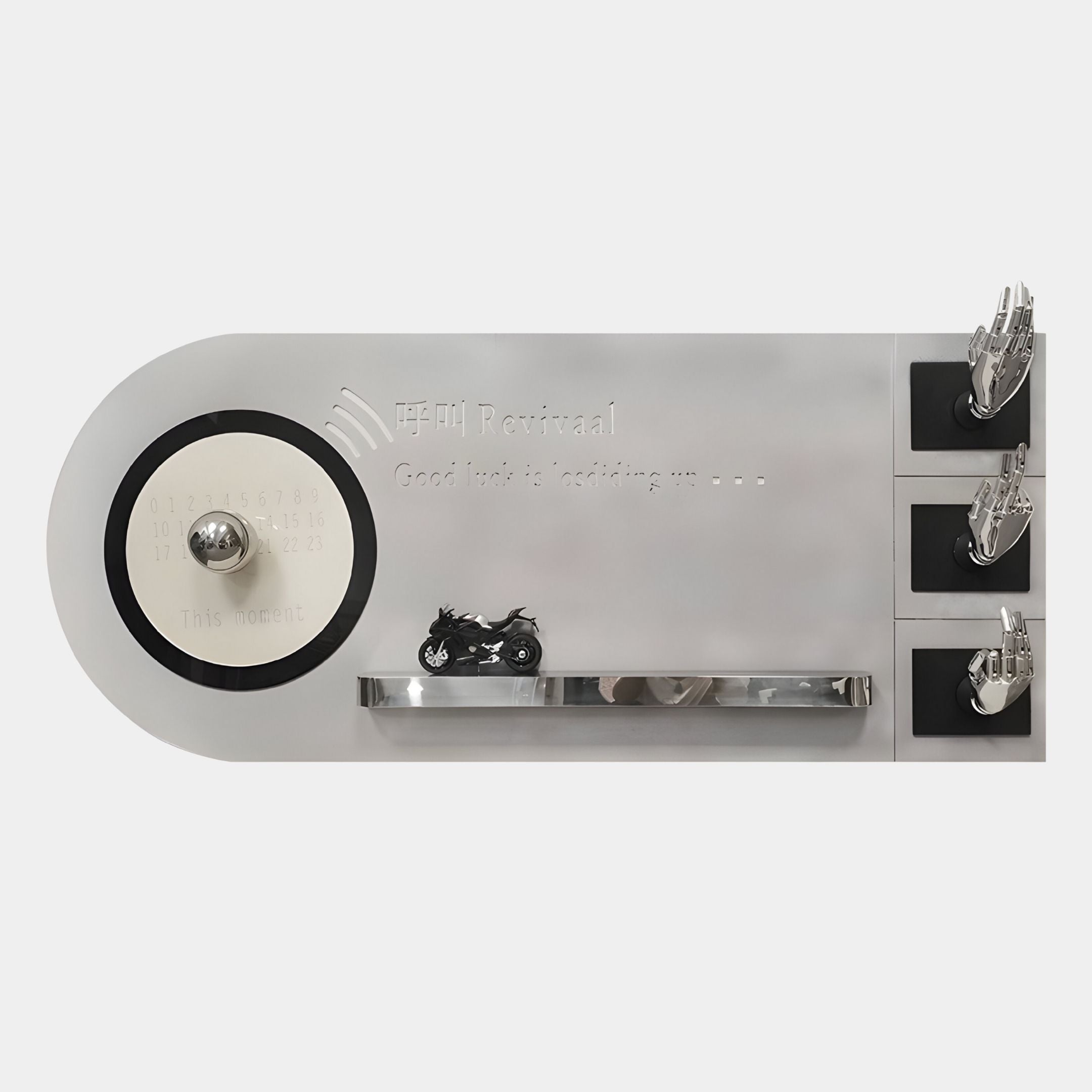 The Nexivra Silver Techscape Interactive 3D Wall Art by Giant Sculptures features a modern metallic panel with a circular dial, engraved text, motorcycle figure, and three robotic hands—ideal as futuristic wall art for innovative spaces.