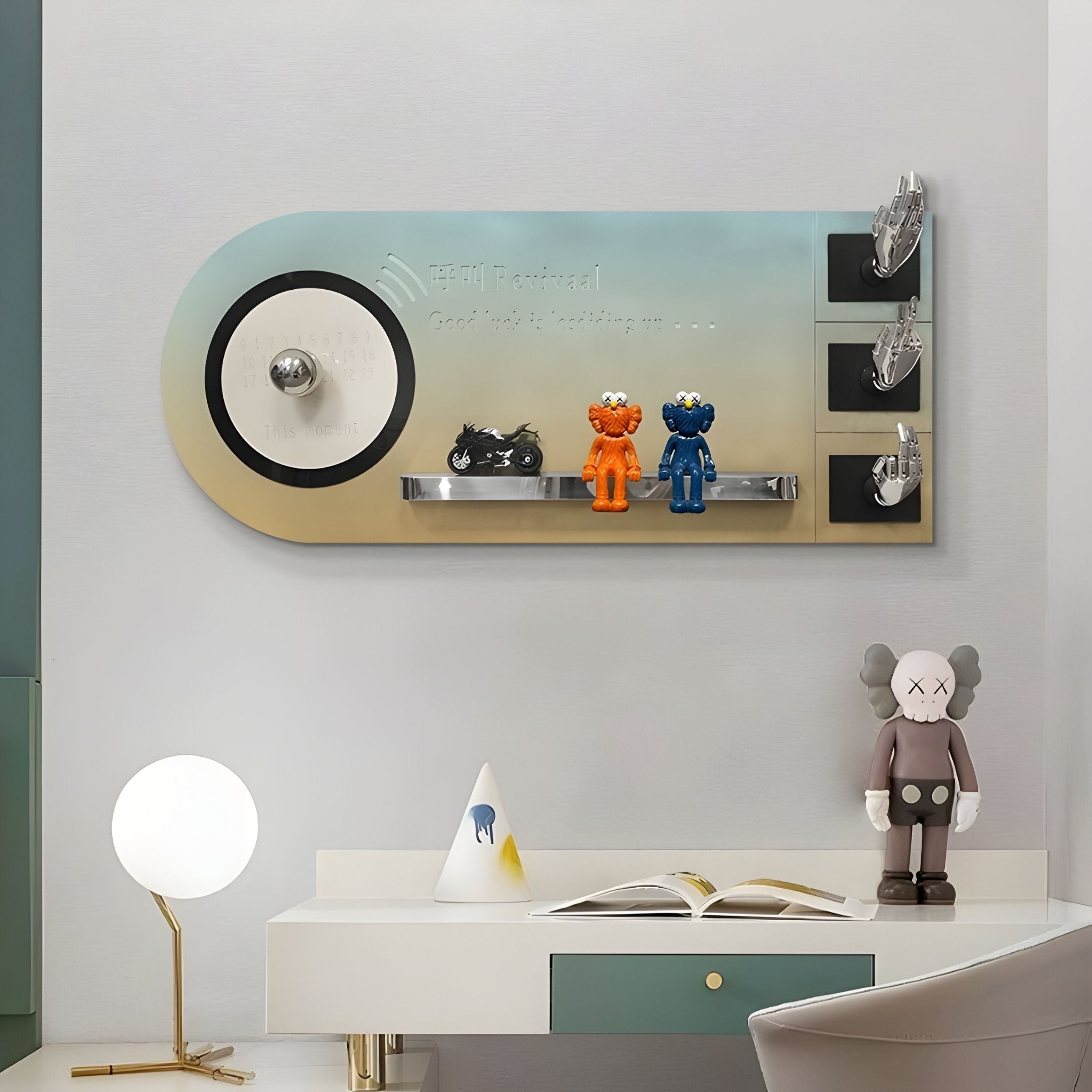 The Nexivra Mist Gradient Techscape Interactive 3D Wall Art by Giant Sculptures features abstract figures and metallic accents above a white desk—ideal for stylish kids’ room décor.