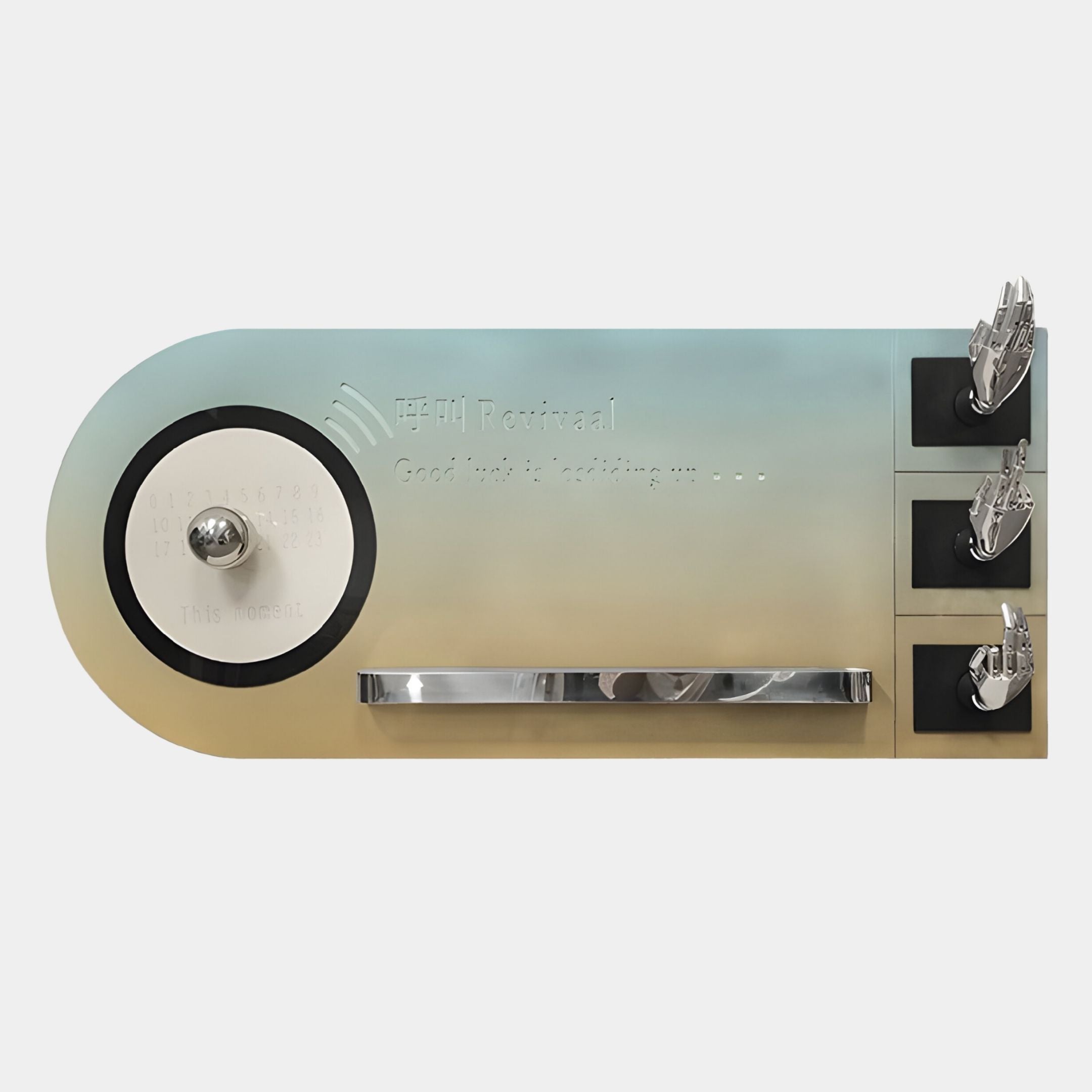 The Nexivra Mist Gradient Techscape Interactive 3D Wall Art by Giant Sculptures features a circular section with a knob, engraved text, metal bar, and three robotic hands—ideal gaming room decor against a bold gradient background.