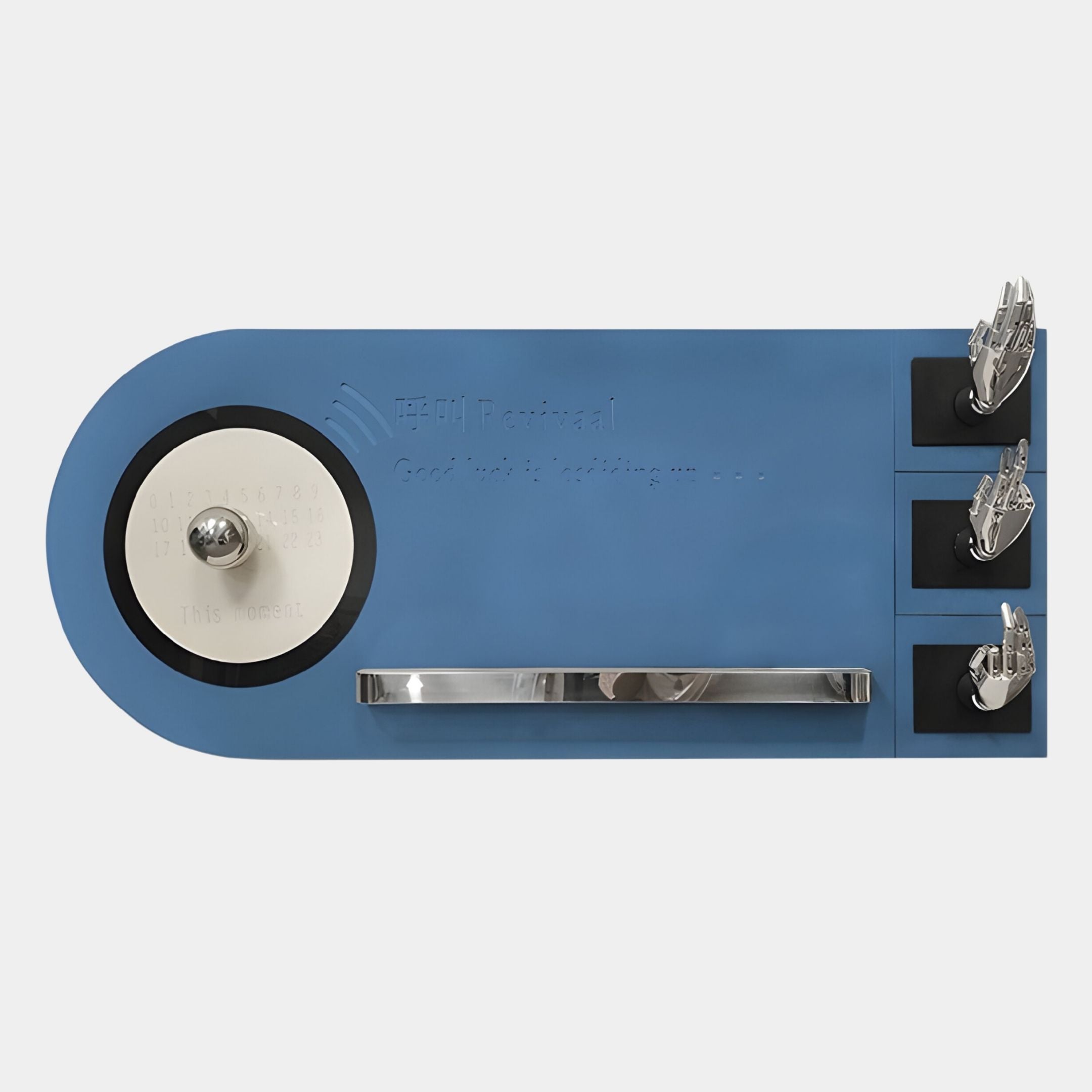 The Nexivra Blue Techscape Interactive 3D Wall Art by Giant Sculptures features a blue panel, circular metal dial, silver center bar, and three robotic hands—making it perfect for gaming room decor.