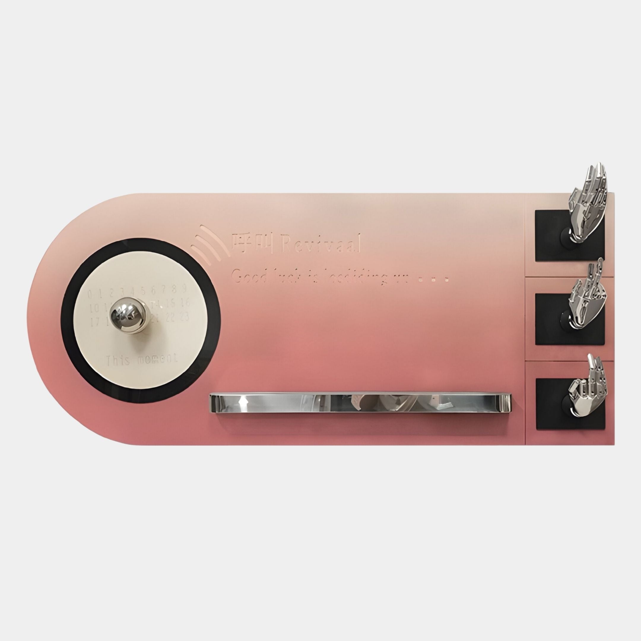 The Nexivra Rose Gradient Techscape Interactive 3D Wall Art by Giant Sculptures features a pink and white rectangular design with a circular dial, metallic bar, and three robotic hands—ideal for tech-inspired kids’ rooms or unique wall decor.