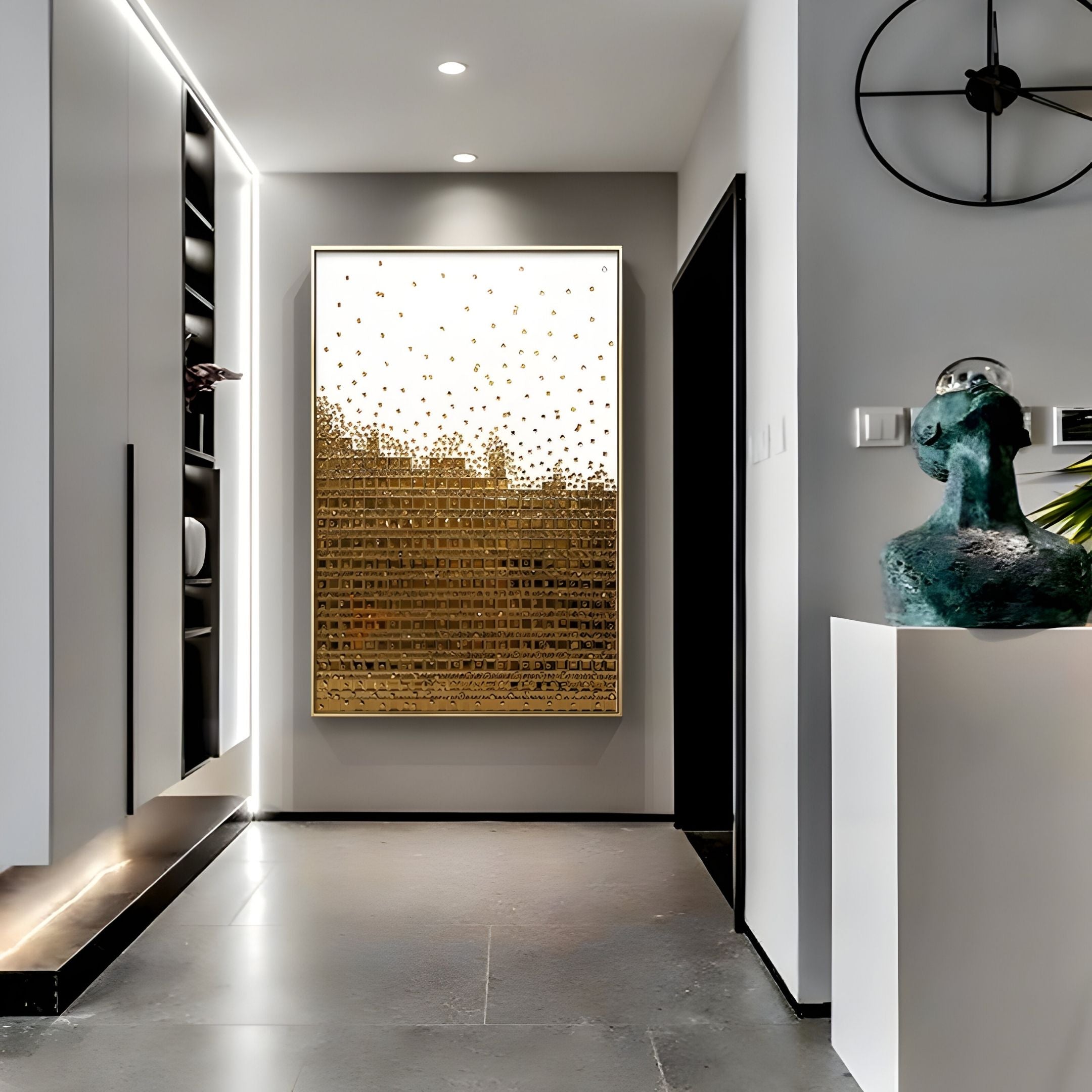 A modern hallway showcases the Lumicast Gold Cascade Crystal Lens 3D Wall Art by Giant Sculptures as a luxury statement, enhanced by minimalistic white shelves, black accents, a pedestal sculpture, and subtle recessed lighting.