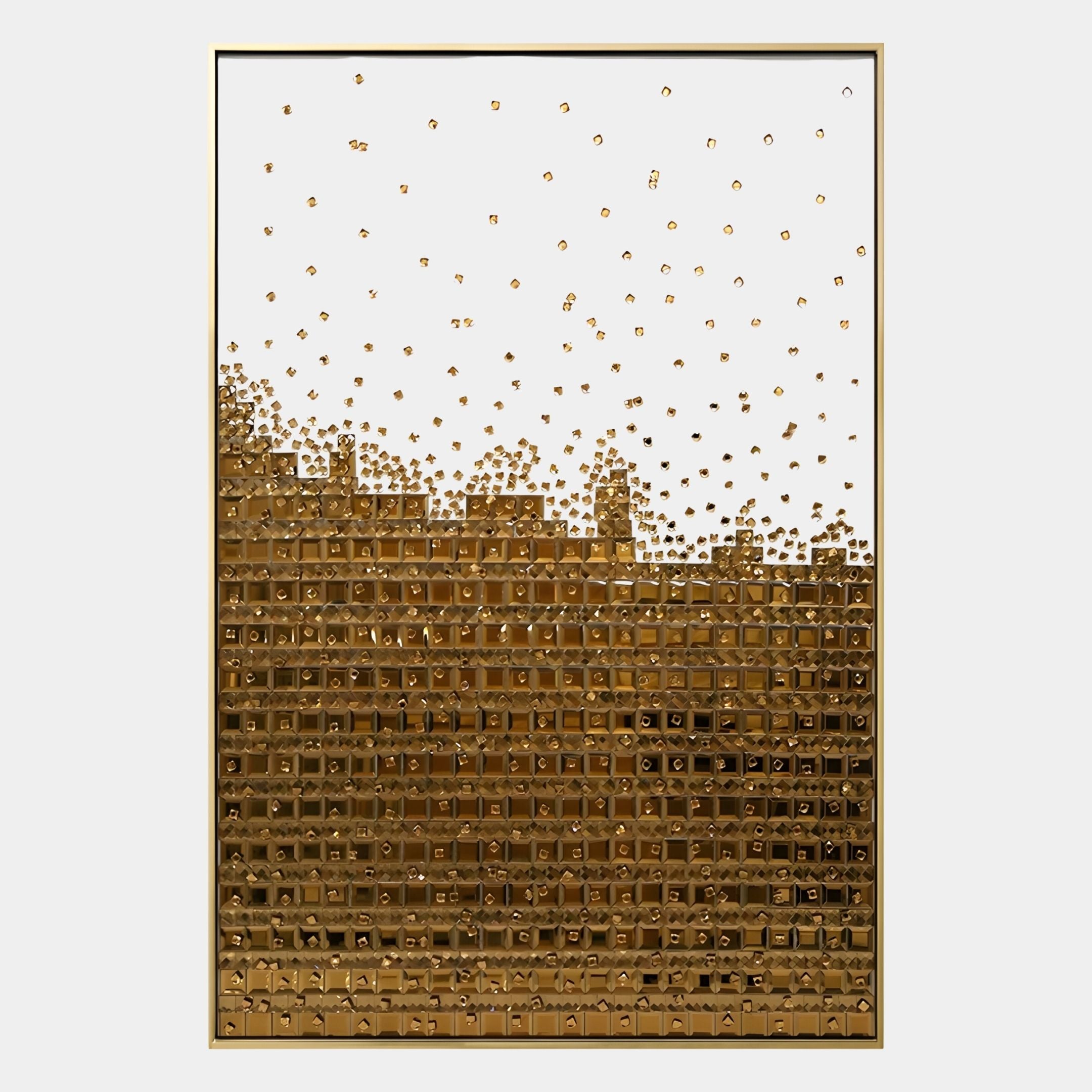 The Lumicast Gold Cascade Crystal Lens 3D Wall Art by Giant Sculptures features a white background with raised gold squares at the base, dispersing upward for a dynamic shimmer—perfect for adding luxury to modern interiors.