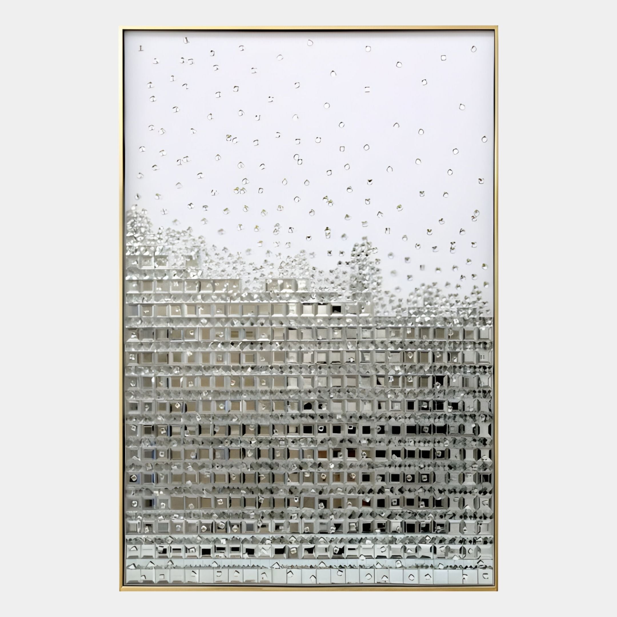 The Lumicast Silver Cascade Crystal Lens 3D Wall Art by Giant Sculptures features a grid of reflective silver elements on white, creating a shimmering, pixelated effect. A thin gold frame completes this piece of contemporary luxury wall decor.