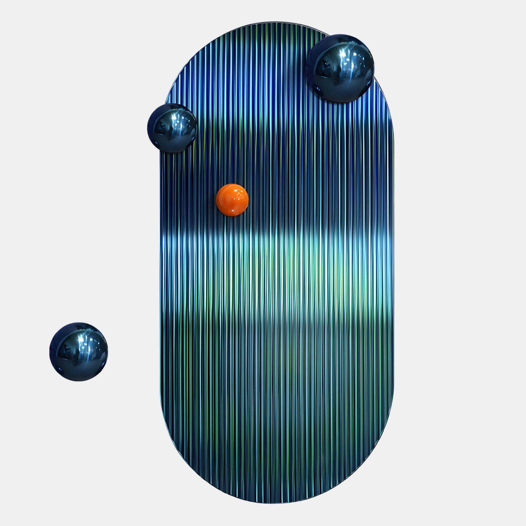 The Virellon Blue Gradient 3D Wall Art With Orange Metal Balls by Giant Sculptures features an oval, blue and green striped surface with reflective dark blue spheres and a smaller orange sphere—an eye-catching modern living room centrepiece.