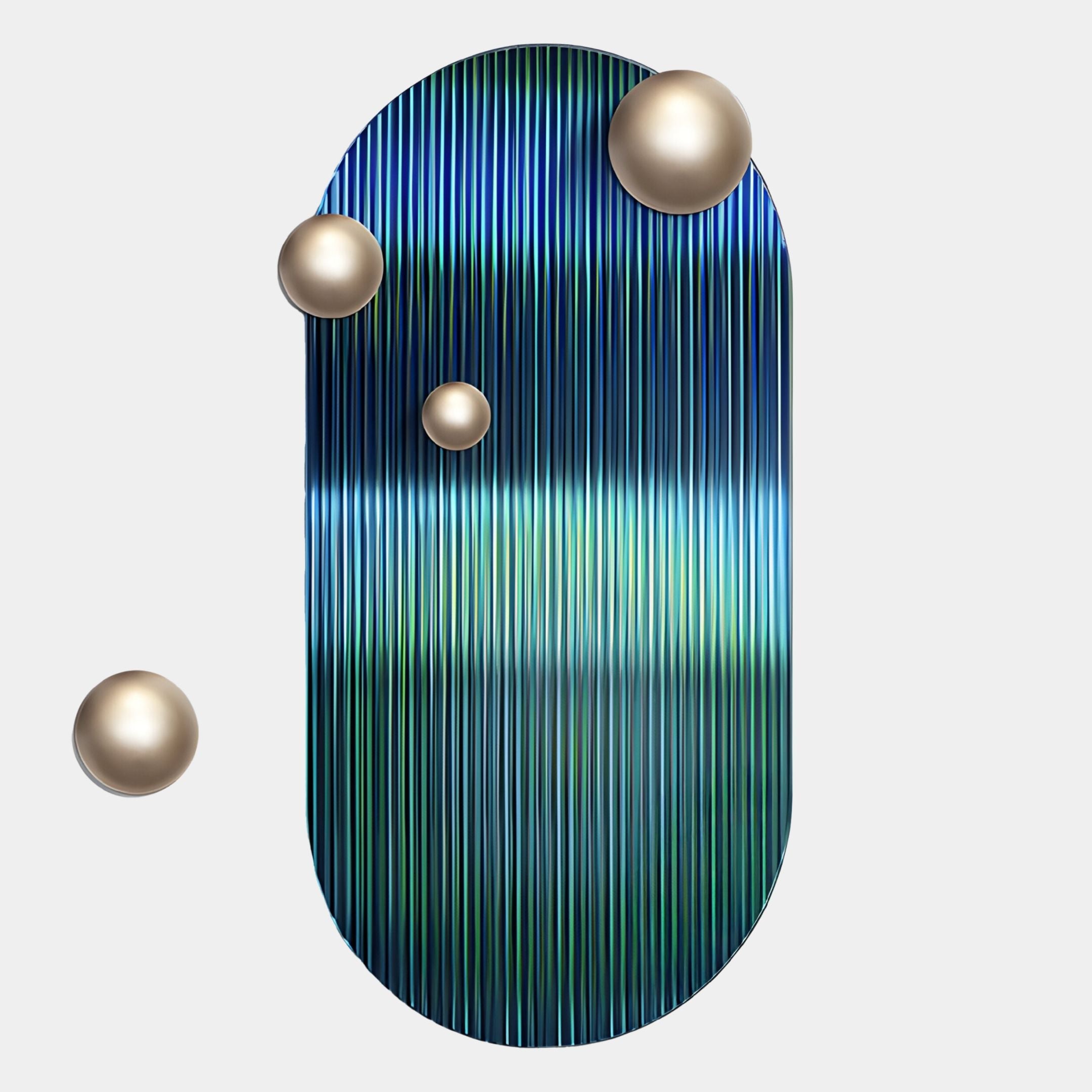 The Virellon Blue Gradient 3D Wall Art With Champagne Metal Balls by Giant Sculptures features an oval blue and green centerpiece with four metallic spheres, creating striking, contemporary wall decor.