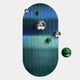 The Virellon Blue Gradient 3D Wall Art by Giant Sculptures features a vertical oval panel with green stripes and five metallic spheres—three silver, two green—making it ideal for contemporary decor.