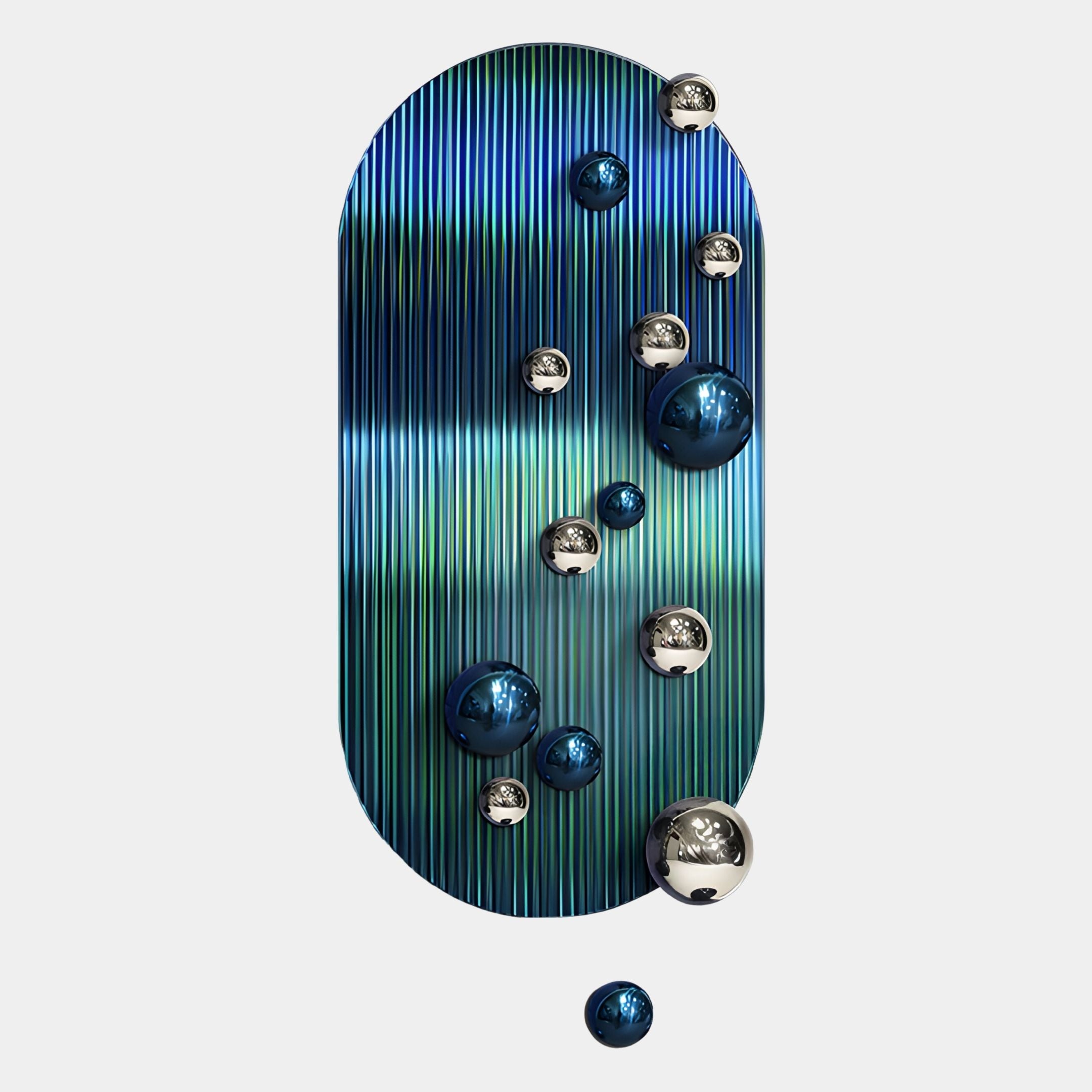 The Virellon Blue Gradient 3D Wall Art With Navy & Silver Metal Balls by Giant Sculptures features an oval, ribbed blue and green panel with metallic spheres—ideal as modern feature wall decor.
