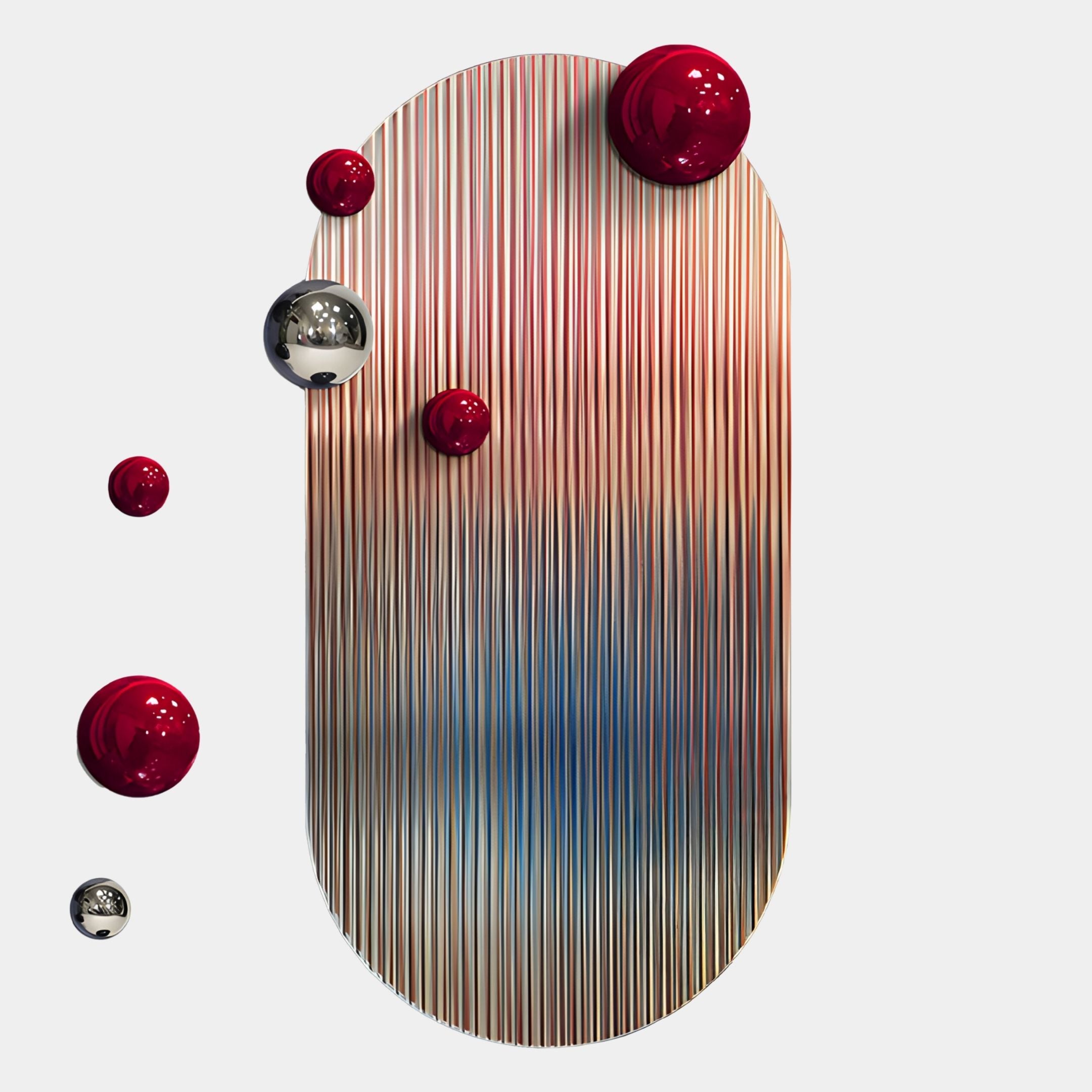 The Virellon Rose Gradient 3D Wall Art by Giant Sculptures features an oval with thin brown, blue, and red stripes, accented by shiny red and silver metal balls of various sizes against a plain white background.