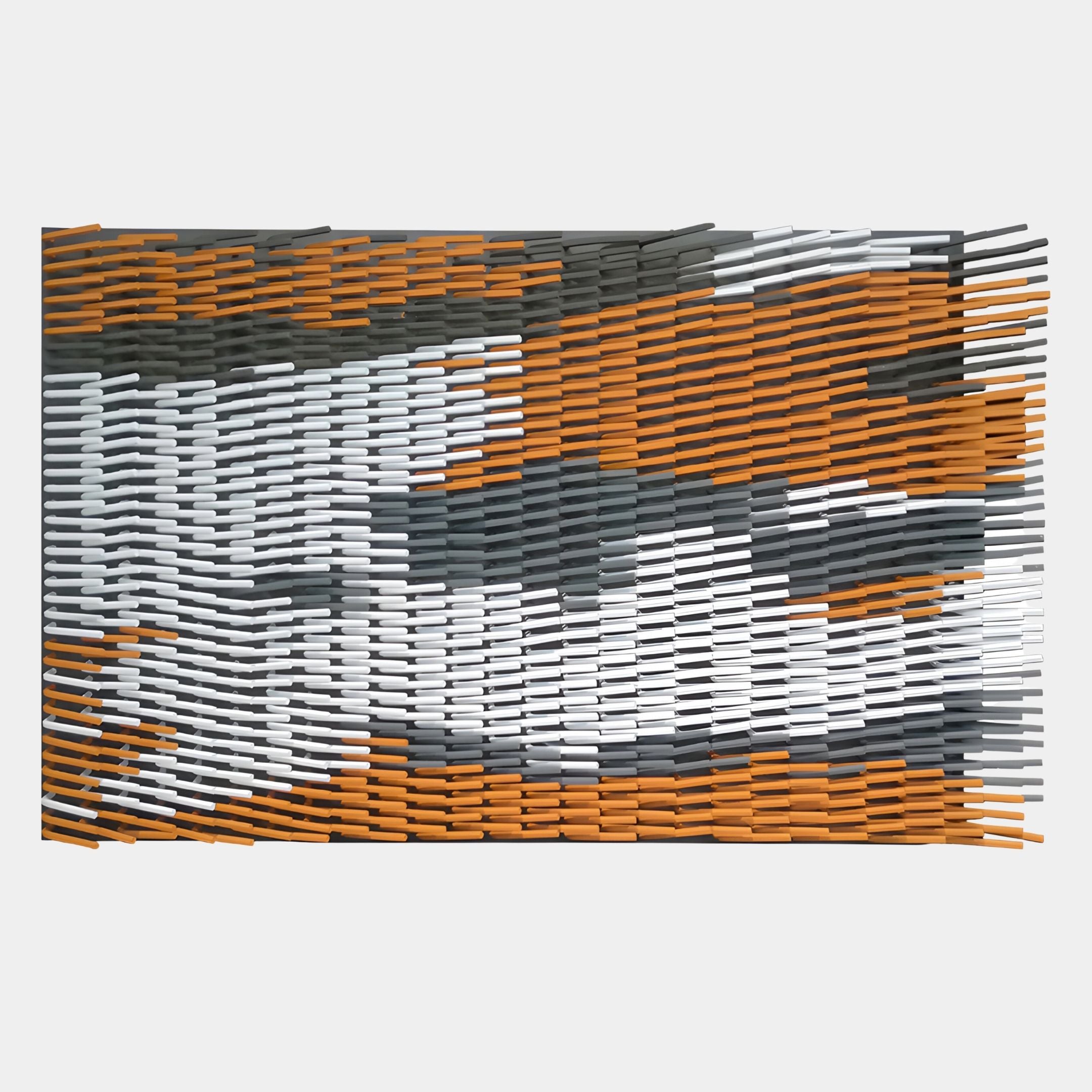 Waverno Ember & Graphite Flow Metal 3D Wall Art by Giant Sculptures showcases small, upright sticks in orange, white, and black on a white background. Uneven spacing creates a dynamic, wave-like texture for modern, contemporary wall decor.