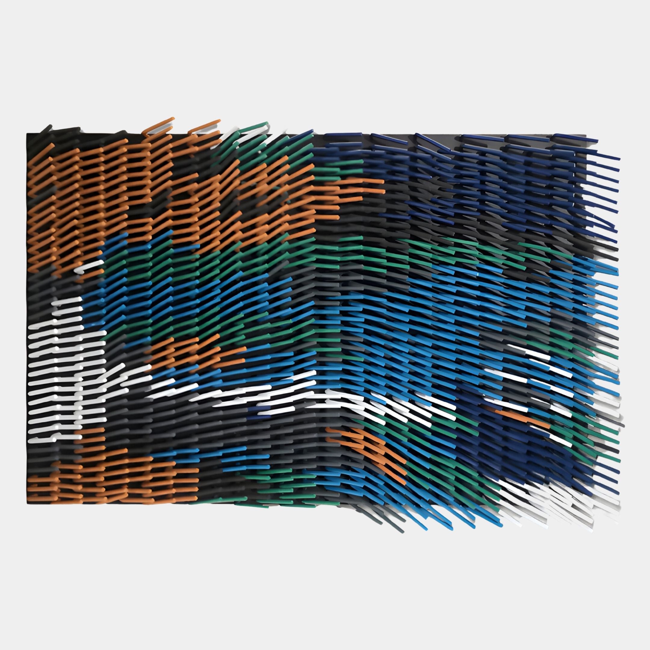 The Waverno Blue & Green Flow Metal 3D Wall Art by Giant Sculptures features dynamic wavy lines in black, white, green, blue, and orange—creating a striking contemporary piece perfect for any modern space.
