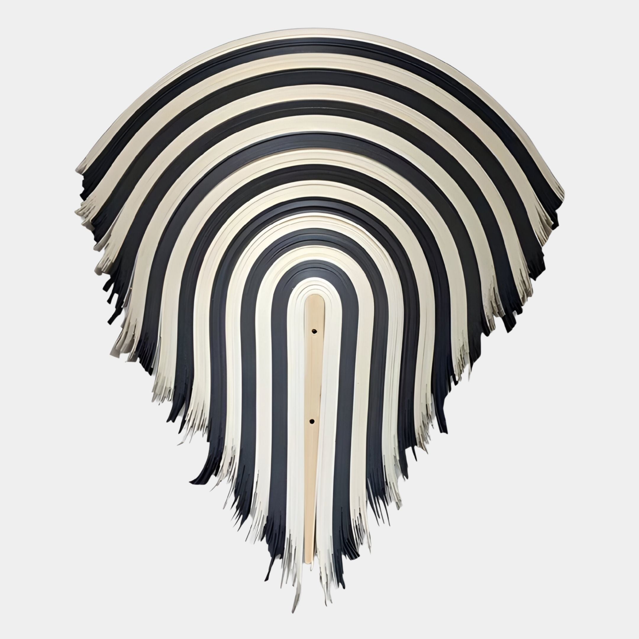 The Arclune Black & White Stripe Sculptural Felt 3D Wall Art by Giant Sculptures features curved, concentric stripes in a semi-circular fan shape, ideal as monochrome wall decor for wabi-sabi-inspired interiors.