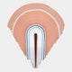 The Arclune Coral & White Arc Sculptural Felt 3D Wall Art by Giant Sculptures features layered, curved forms in peach, white, blue, and brown on light gray—evoking calm and perfect for wabi-sabi spaces.