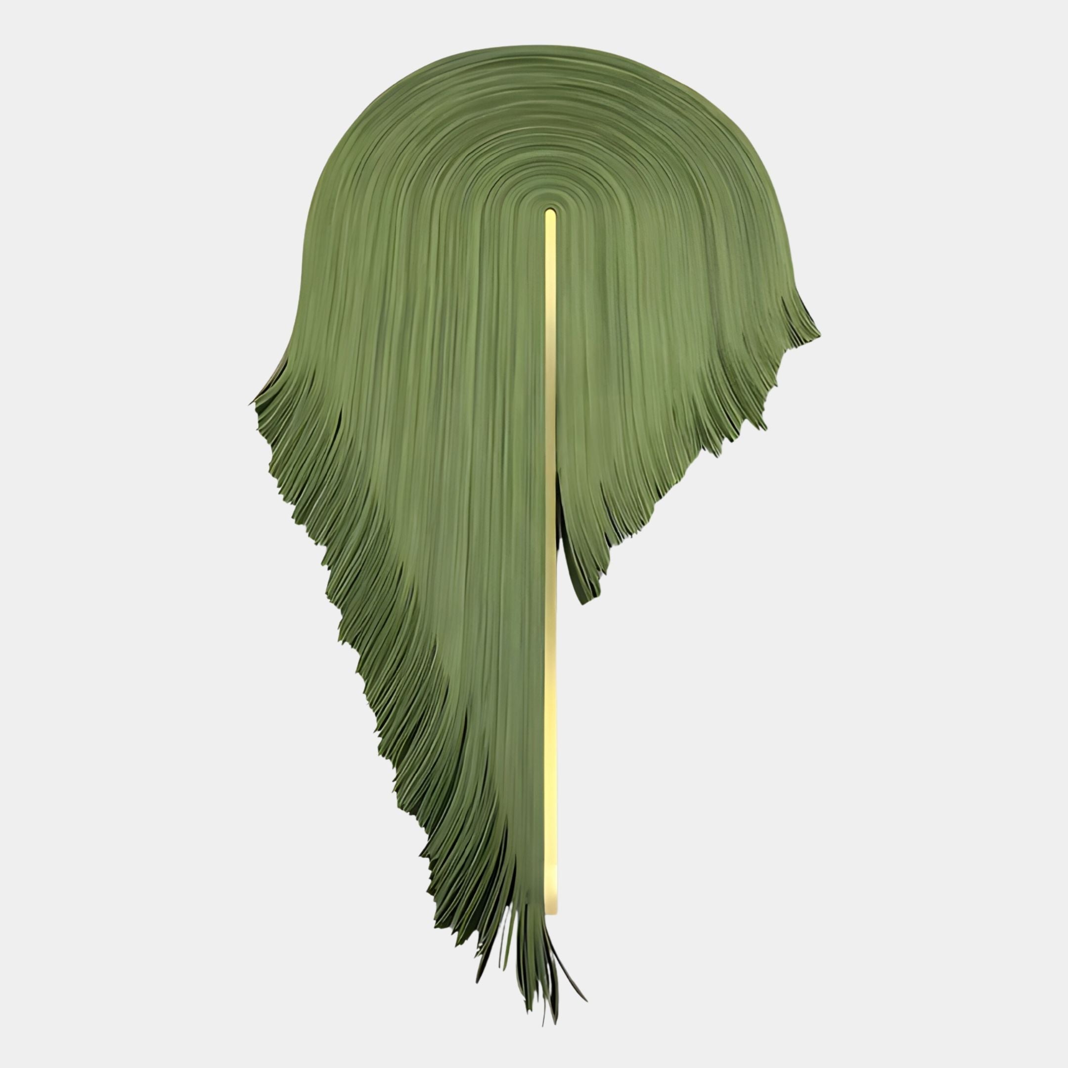 The Arclune Olive Drift Sculptural Felt 3D Wall Art by Giant Sculptures features layered green strands in a semicircular pattern with a vertical gold bar, making it perfect wabi-sabi decor.