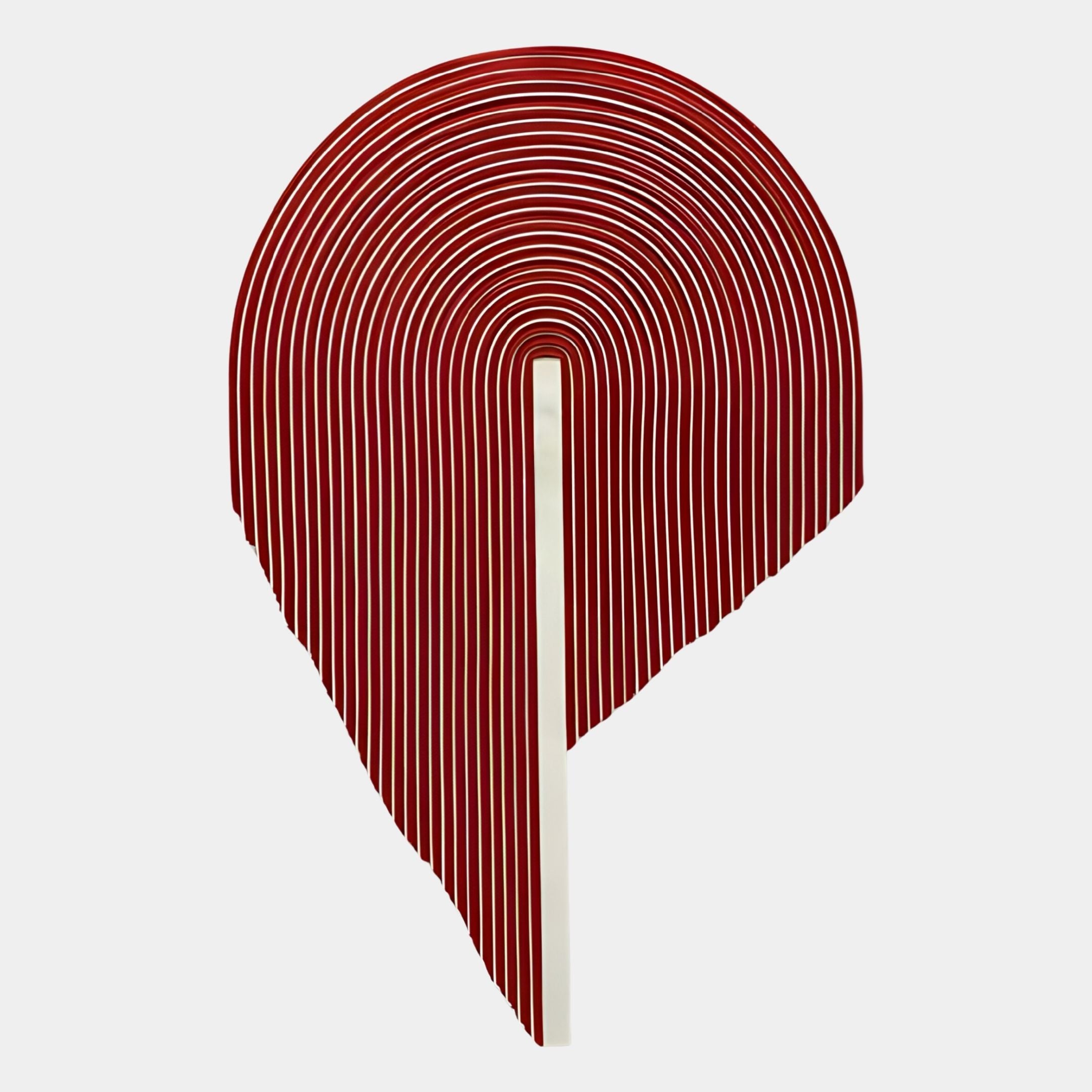 The Arclune Ruby Stripe Sculptural Felt 3D Wall Art by Giant Sculptures features red and white curved lines in a lollipop-like form with wabi-sabi-inspired unevenness, set on a plain white background.