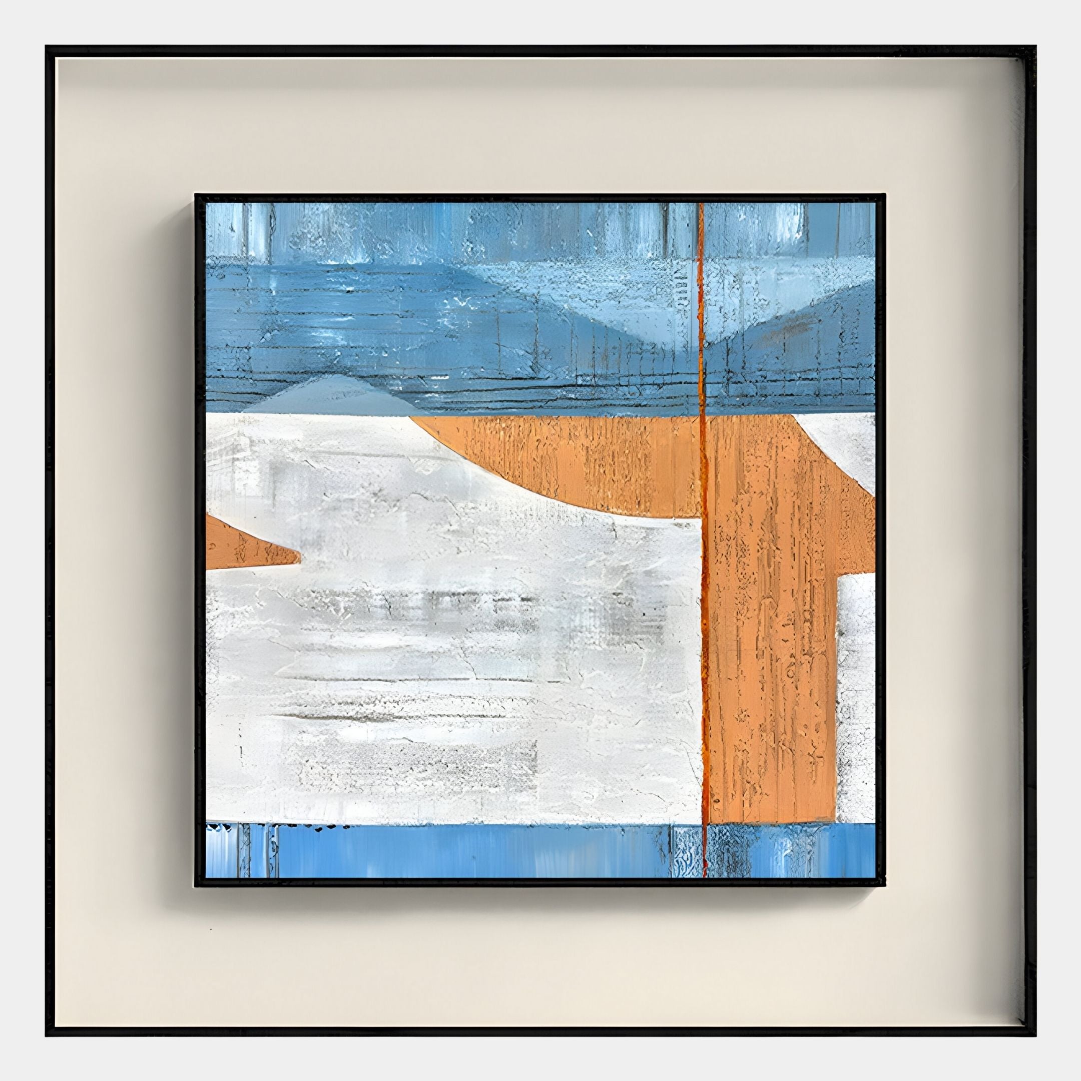Giant Sculptures Aerolith Blue Horizon Abstract Textured Framed Wall Art features geometric shapes and bold brushstrokes in blue, orange, and white, depicting a stylized mountain landscape with a striking vertical orange line.